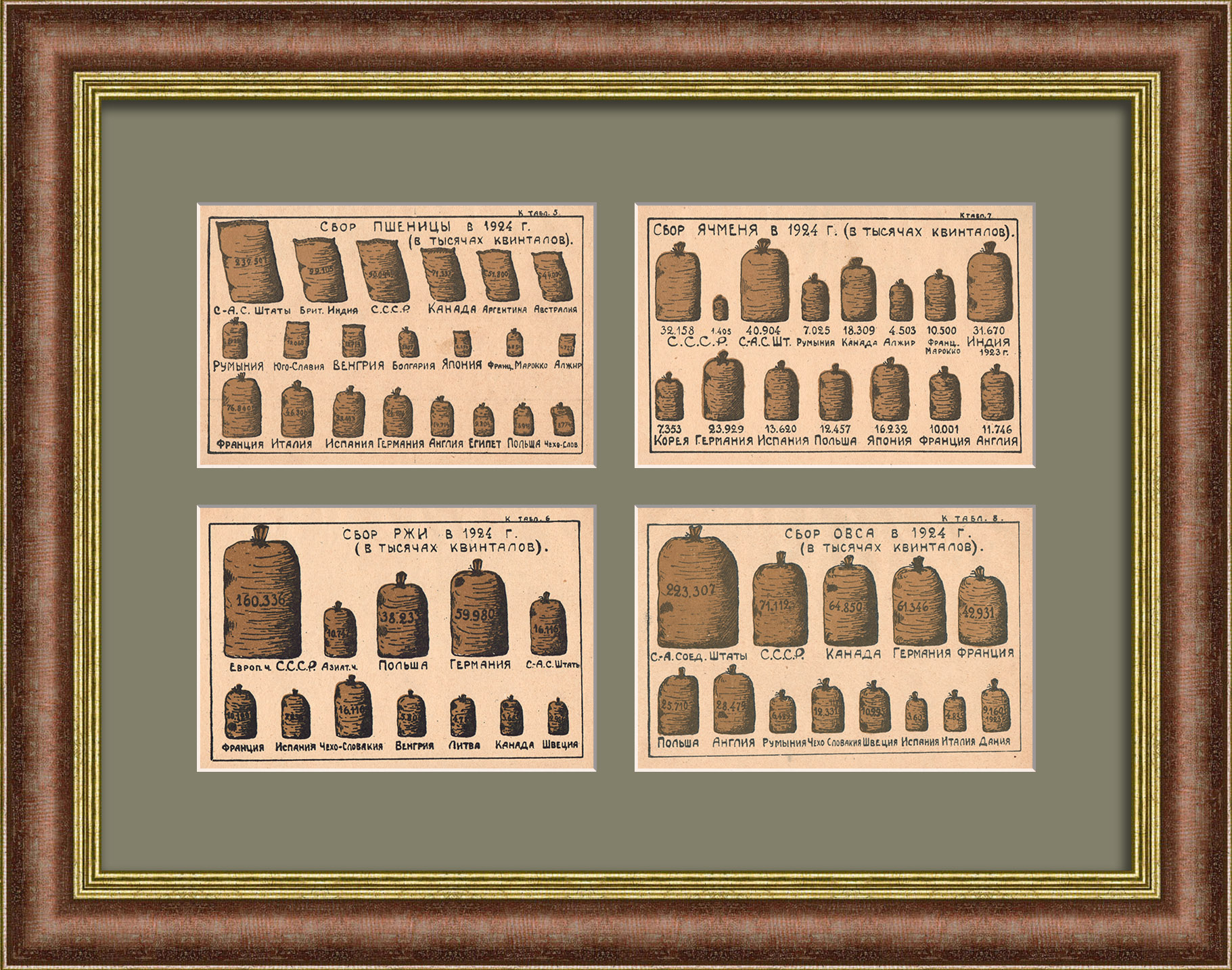 Зерновые показатели СССР в 1924 году. Антикварное панно в раме Зерновые показатели СССР в 1924 году. Антикварное панно в раме
