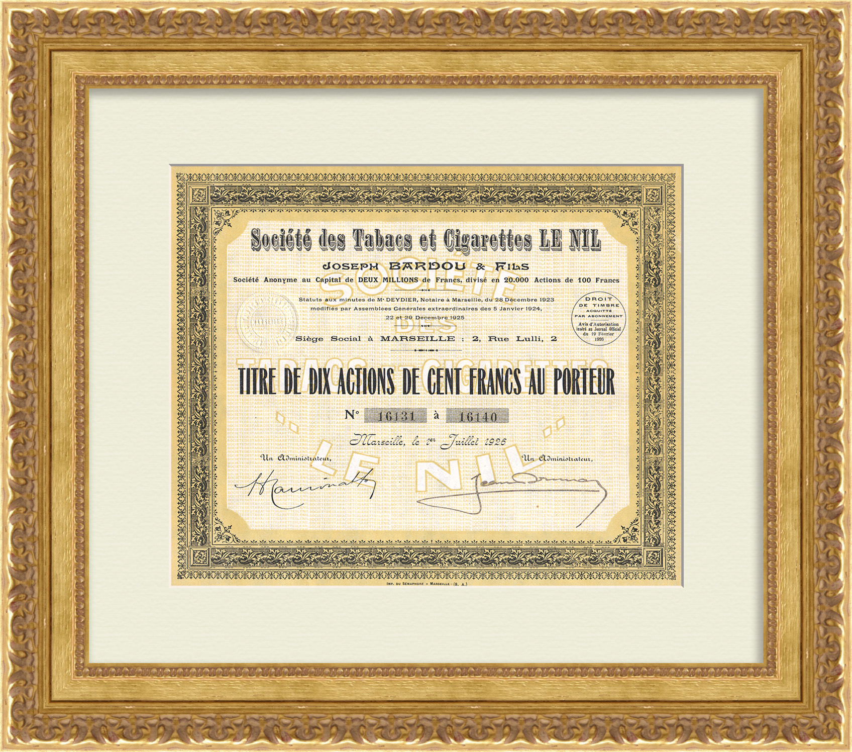 Акционерное общество табачных изделий и сигарет «Нил». Сертификат на 10 акций по 100 франков 1926 года Акционерное общество табачных изделий и сигарет «Нил». Сертификат на 10 акций по 100 франков 1926 года