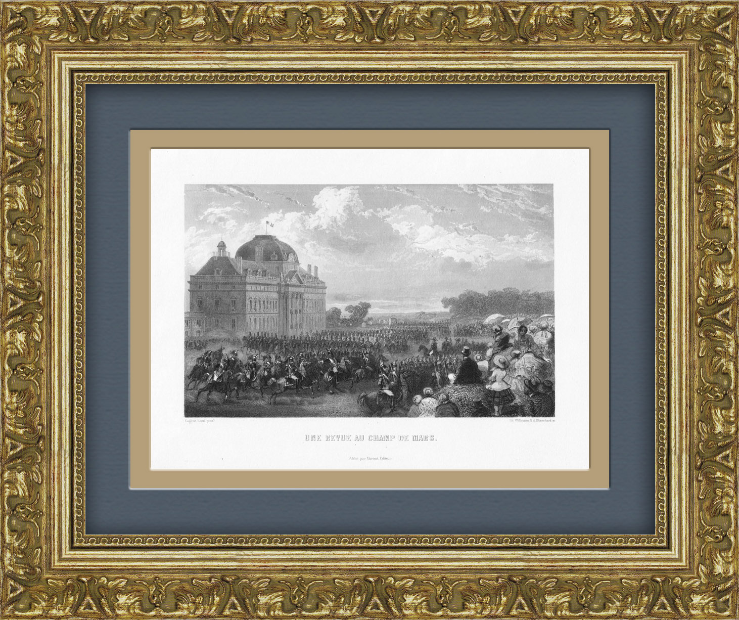 Военный парад на Марсовом поле в Париже. Старинная гравюра в раме Военный парад на Марсовом поле в Париже. Старинная гравюра в раме
