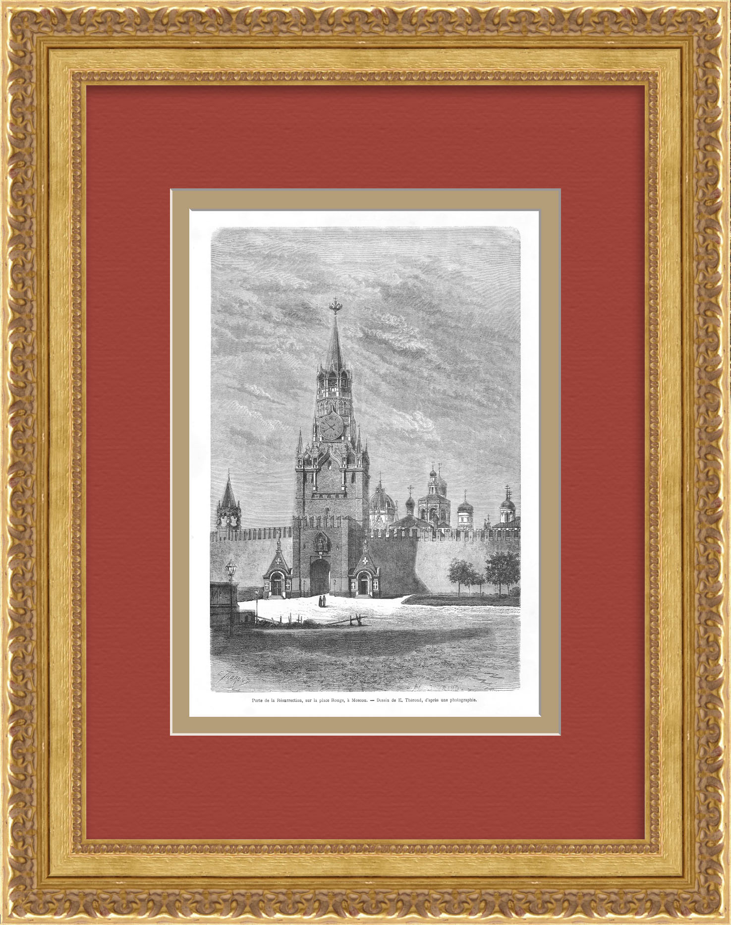 Московский Кремль. Спасская башня. Старинная гравюра Московский Кремль. Спасская башня. Старинная гравюра