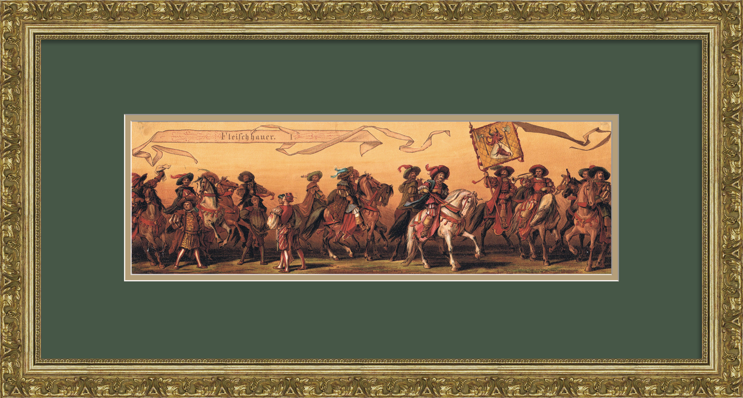 Гильдия мясников на торжественном шествии, редкая хромолитография Гильдия мясников на торжественном шествии, редкая хромолитография