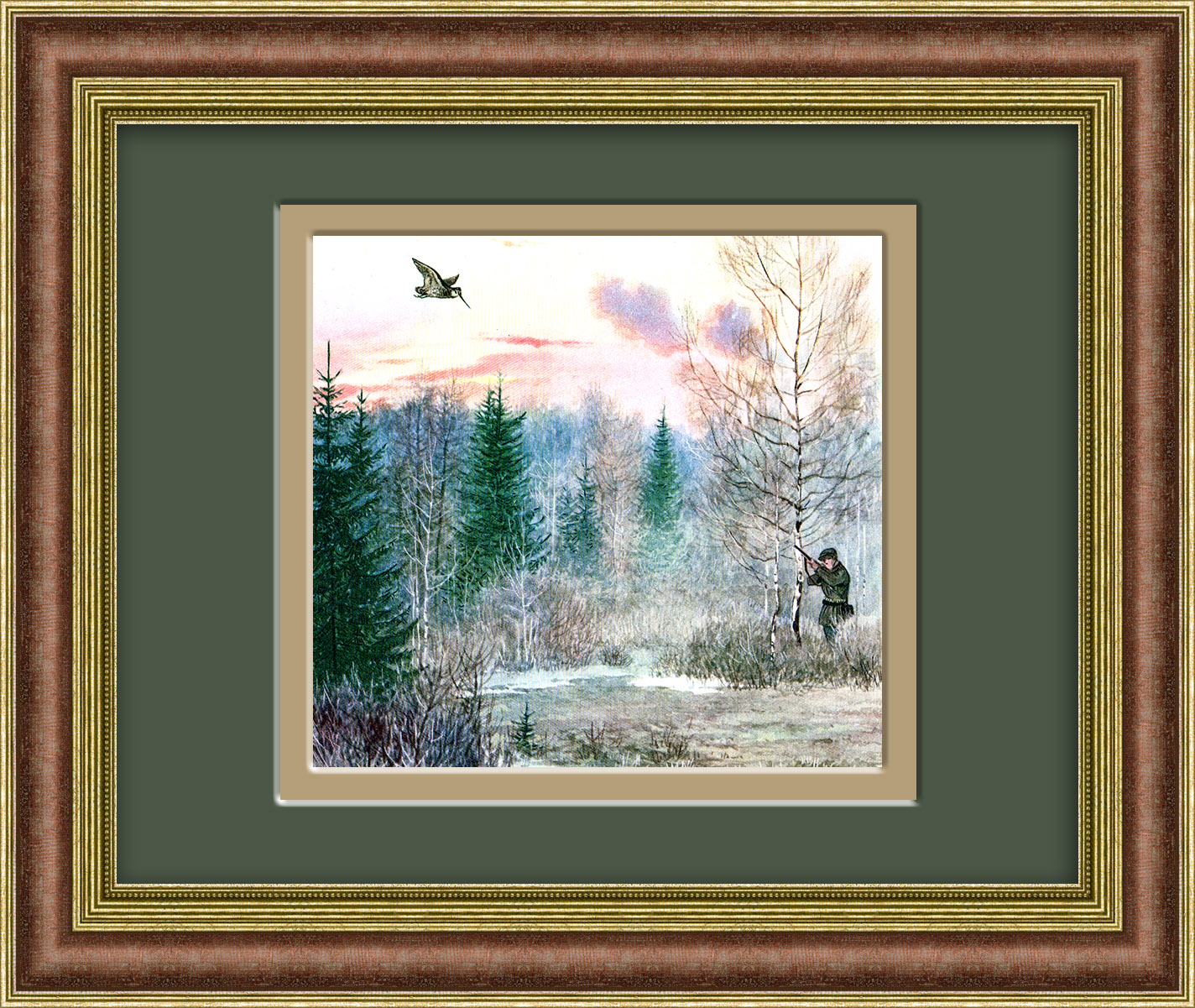 Охота на птицу в лесу. Тиражная иллюстрация Охота на птицу в лесу. Тиражная иллюстрация