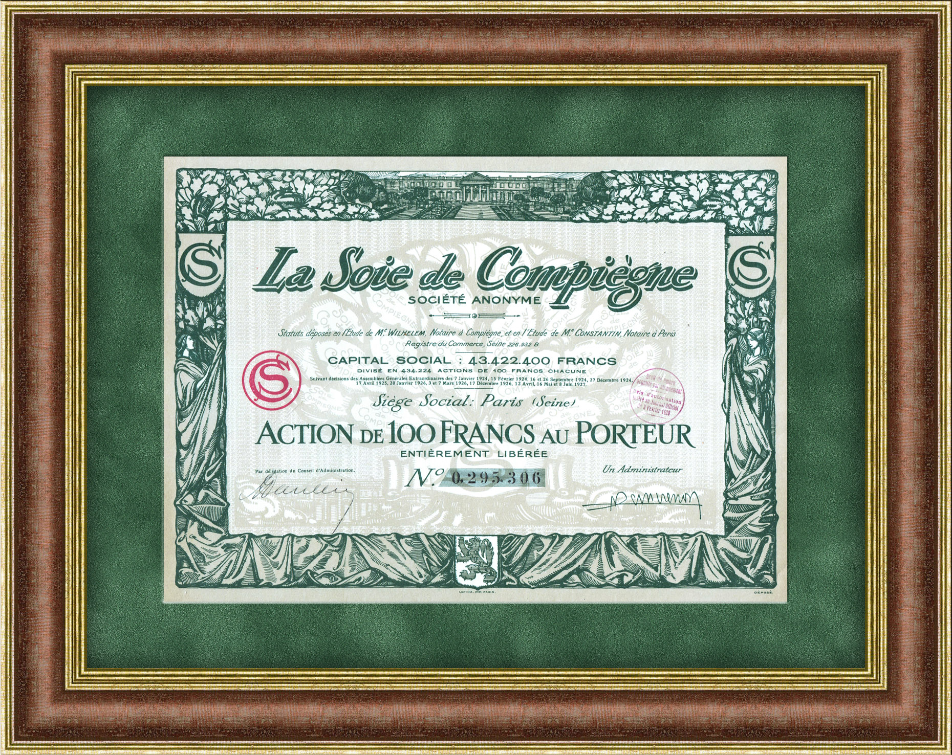 Акция компании по производству шелка и шин, La Soie de Compiegne, 1927 год Акция компании по производству шелка и шин, La Soie de Compiegne, 1927 год