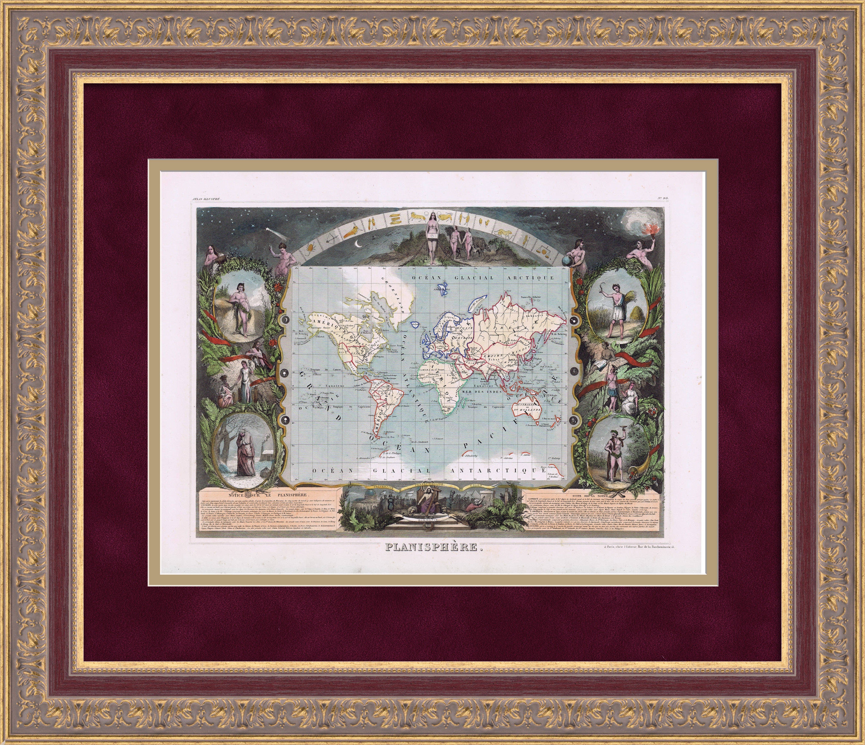 Карта мира с аллегориями времен года и небесными светилами. Редкая, гравированная карта 19 в. Карта мира с аллегориями времен года и небесными светилами. Редкая, гравированная карта 19 в.