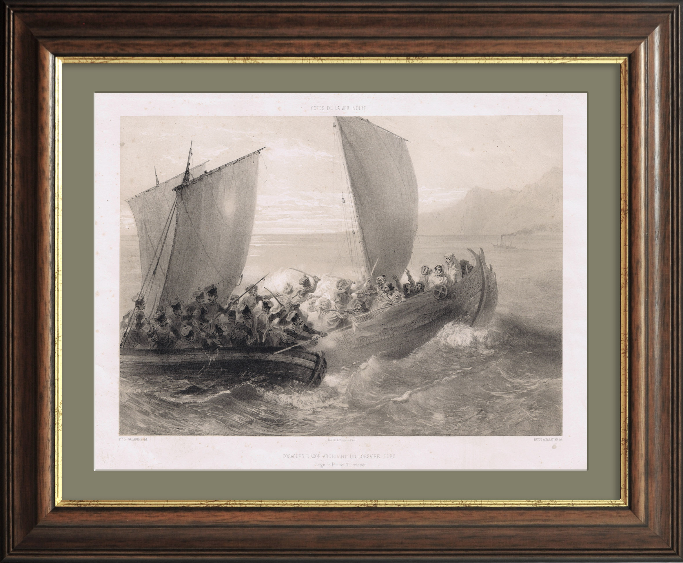 Казаки атакуют турецкое судно. Большая литография князя Гагарина Казаки атакуют турецкое судно. Большая литография князя Гагарина