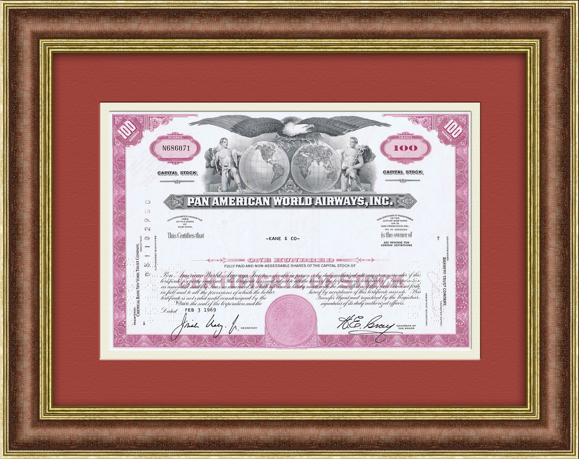 Сертификат на 100 акция авиалиний Pan American, 1969 год