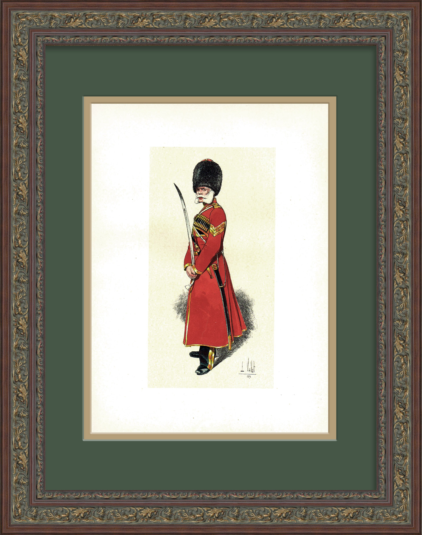 Казачий унтер-офицер, младший вахмистр. Старинная литография в раме Казачий унтер-офицер, младший вахмистр. Старинная литография в раме
