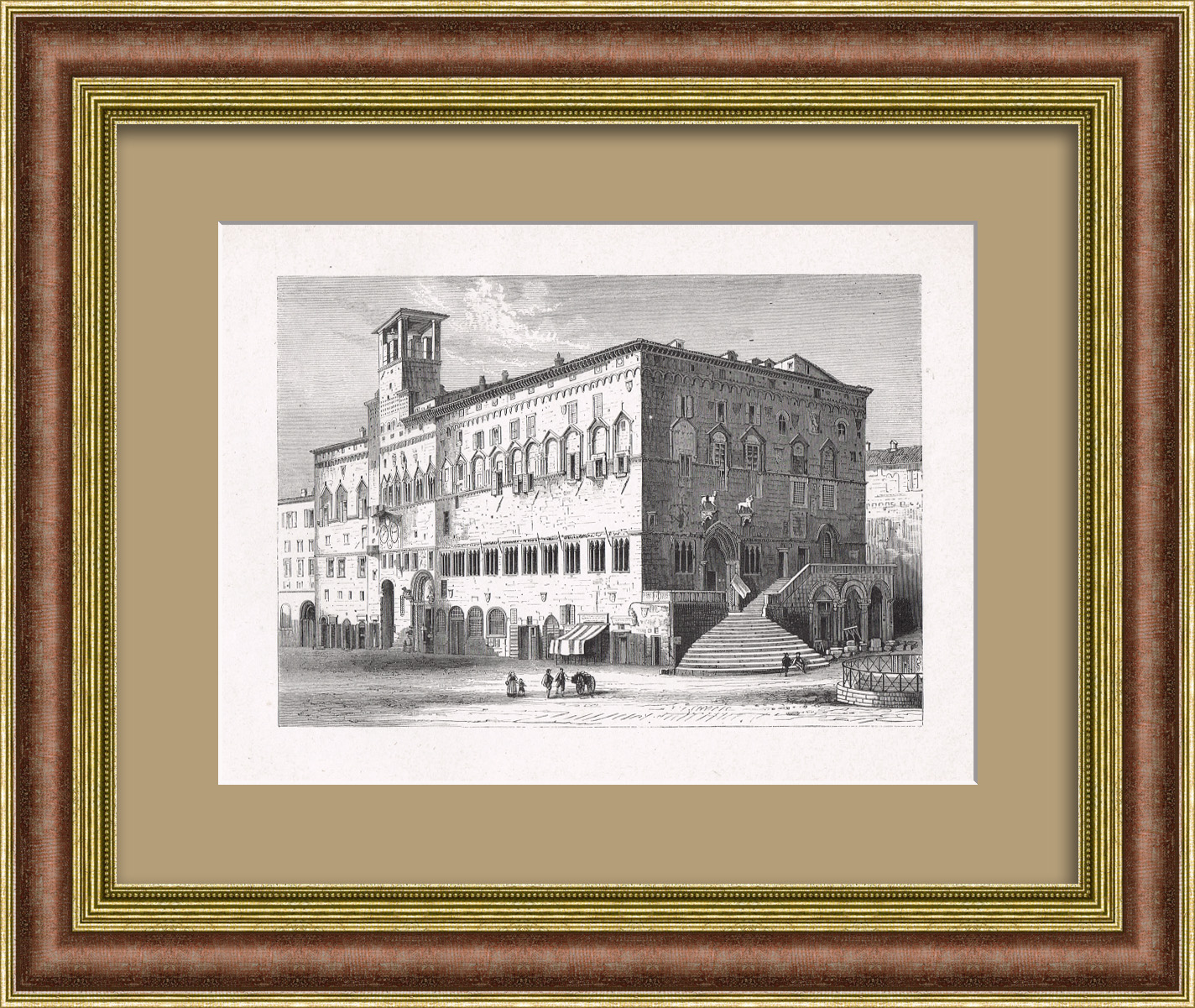 Палаццо Публико в Перудже, Италия. Старинная гравюра