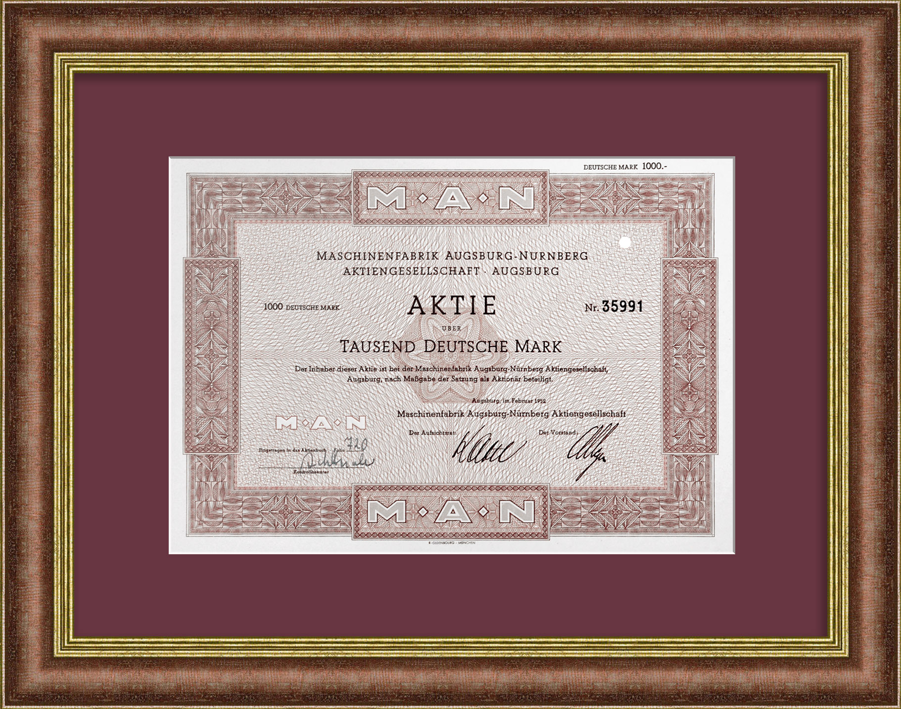 Автомобилестроительный концерн "MAN". Акция на 1000 марок 1952 года Автомобилестроительный концерн "MAN". Акция на 1000 марок 1952 года