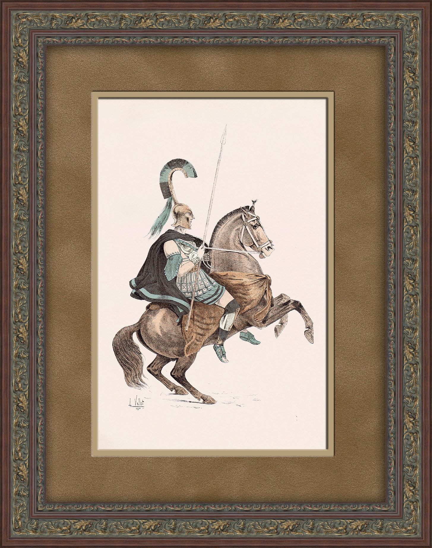 Древнегреческий воин на коне. Антикварная литография Древнегреческий воин на коне. Антикварная литография