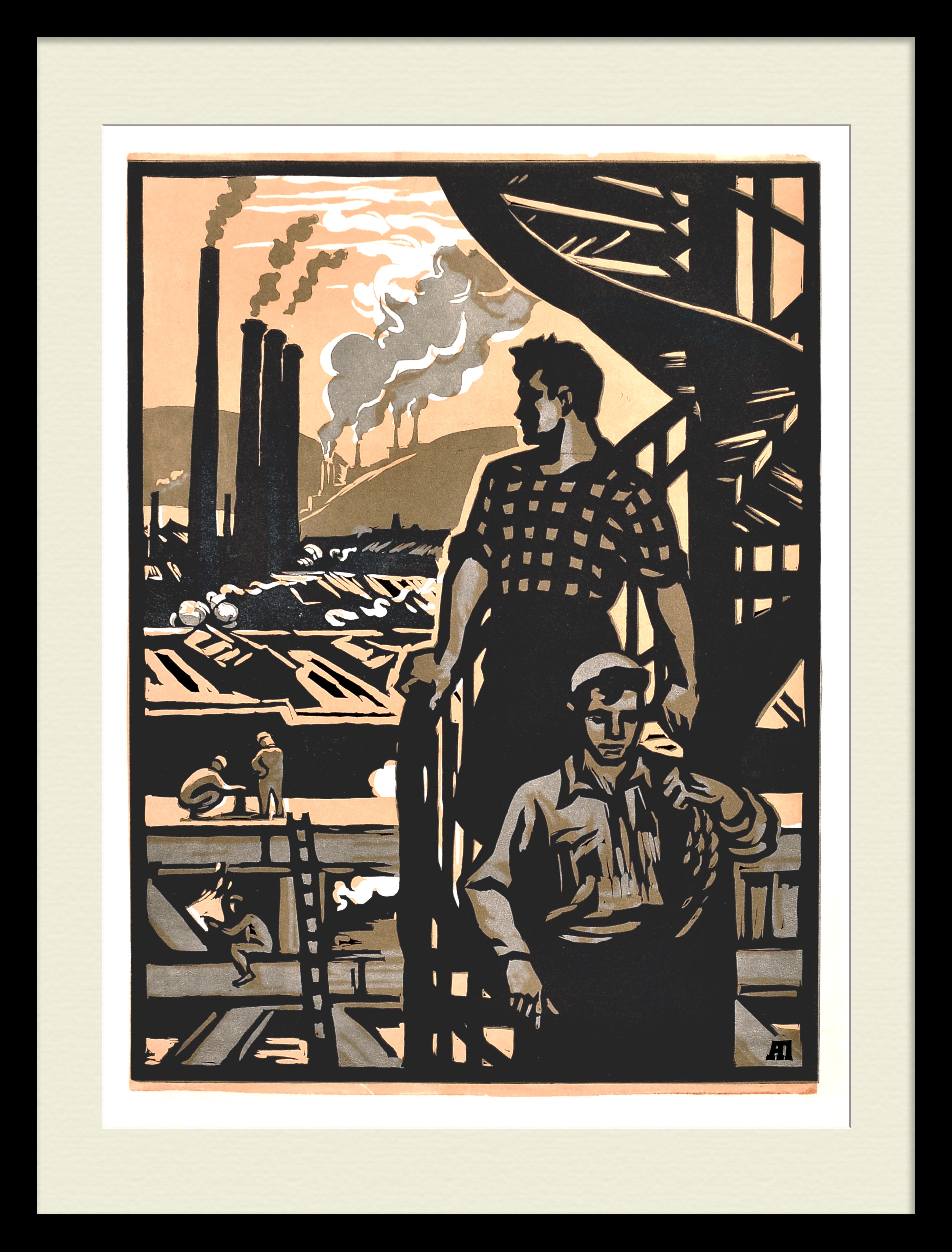 На стройке завода. Советская, авторская гравюра На стройке завода. Советская, авторская гравюра