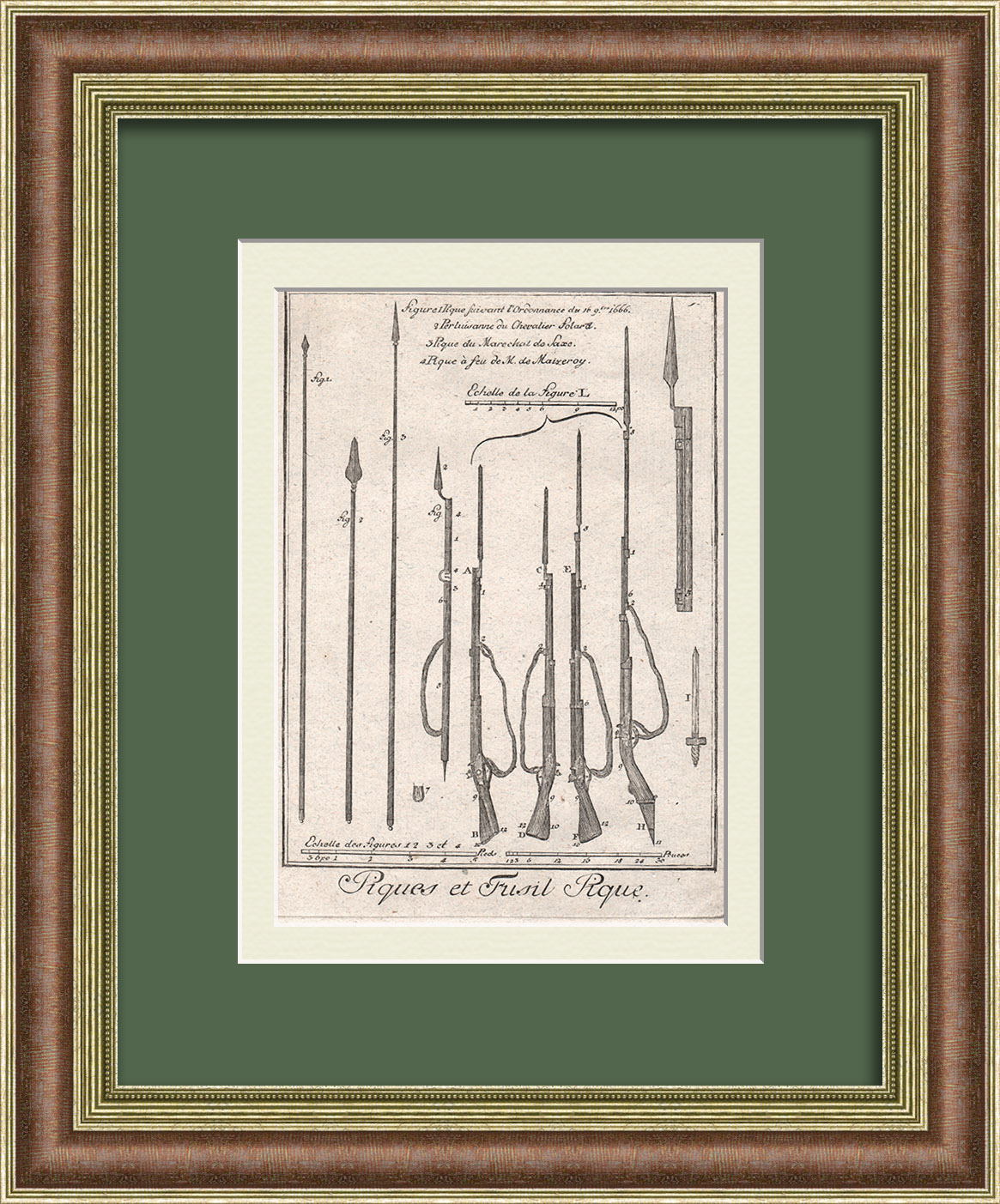 Оружие эпохи Просвещения: пики и штыки для мушкетов. Старинная гравюра 18 века Оружие эпохи Просвещения: пики и штыки для мушкетов. Старинная гравюра 18 века