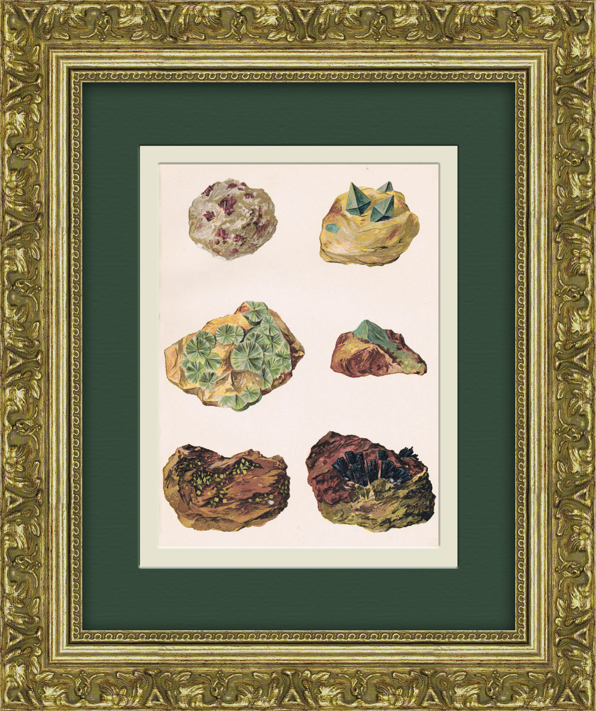 Минералы и самоцветы: бирюза, лазулит, уранит и др. Хромолитография в раме Минералы и самоцветы: бирюза, лазулит, уранит и др. Хромолитография в раме