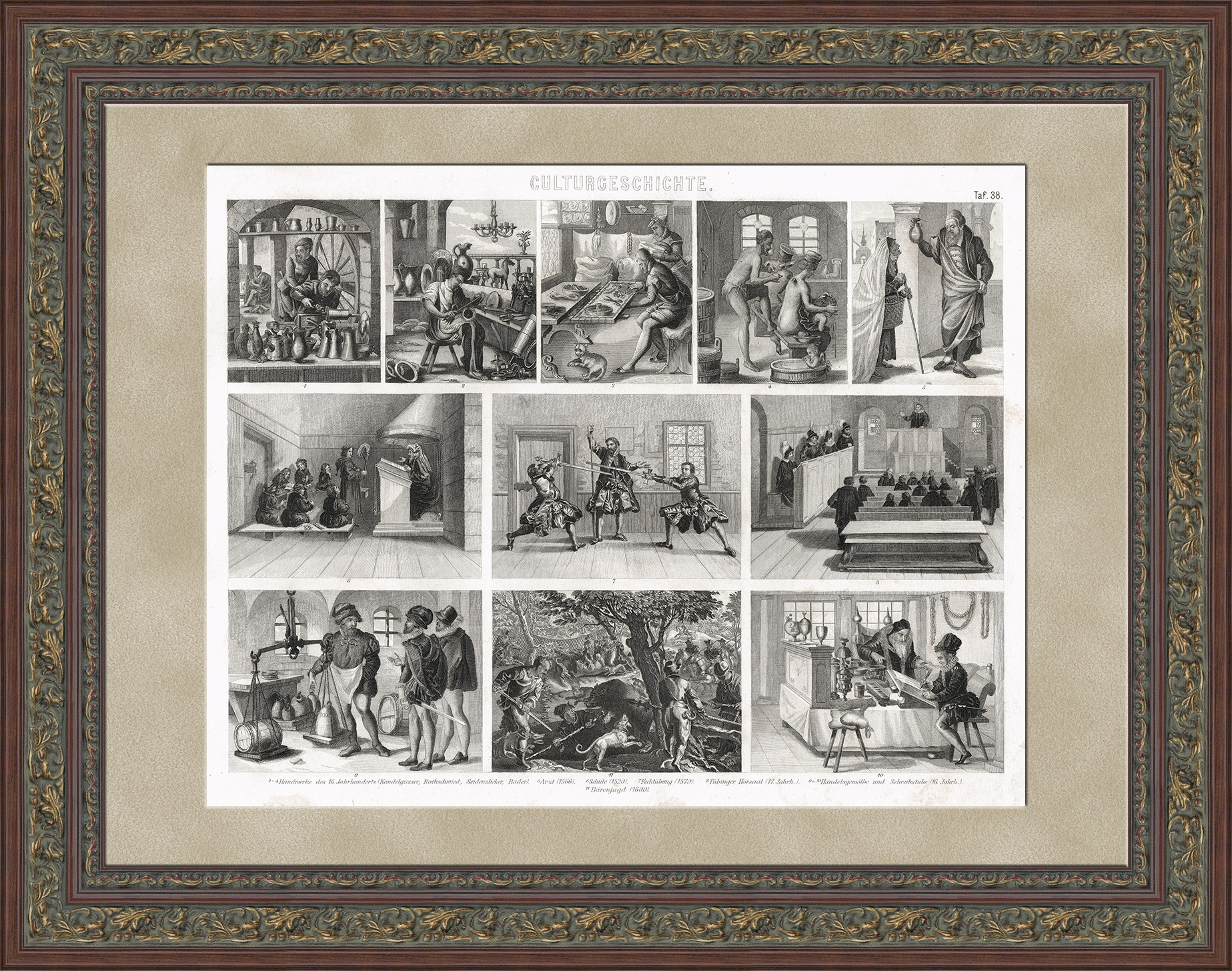 Наука, ремесла, торговля и охота Западной Европы. Старинная гравюра Наука, ремесла, торговля и охота Западной Европы. Старинная гравюра