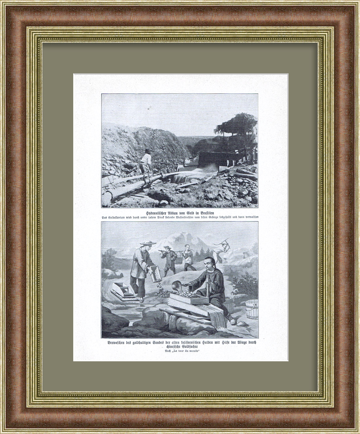 Современные методы добычи золота. Старинная литография Современные методы добычи золота. Старинная литография
