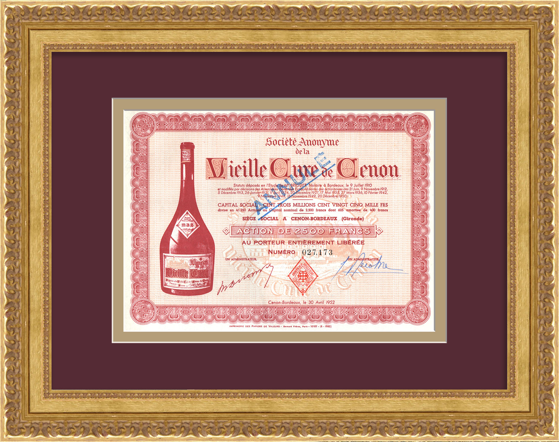Французские вина Бордо. Старинная акция 1952 года Французские вина Бордо. Старинная акция 1952 года
