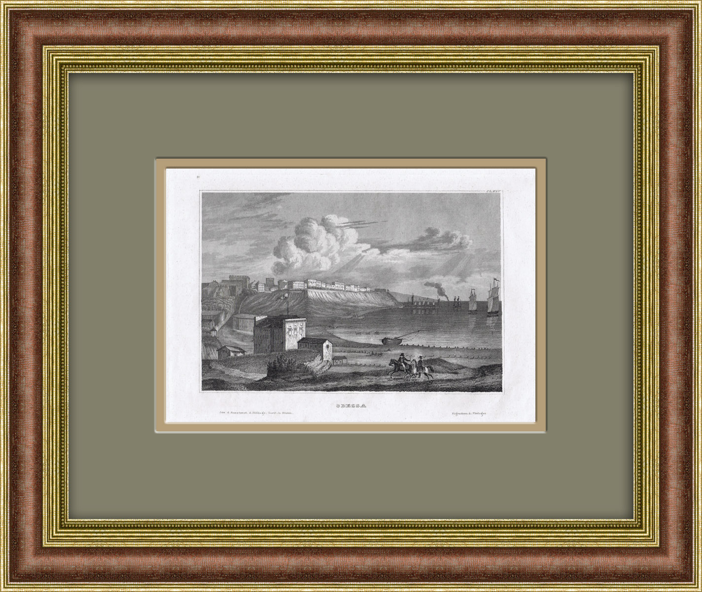 Одесса, вид на порт. Старинная гравюра в раме Одесса, вид на порт. Старинная гравюра в раме