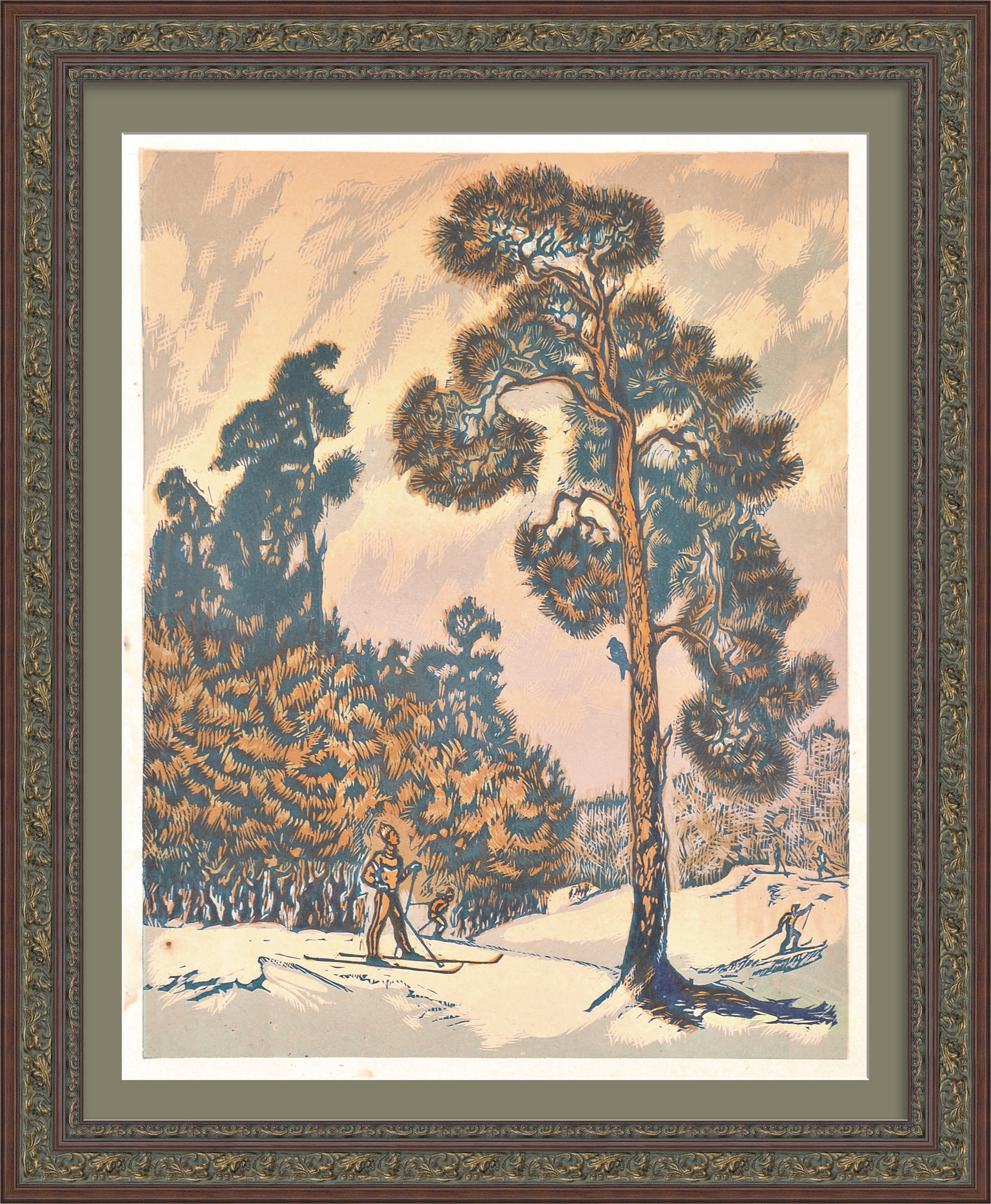 Лыжники в лесу. Старинная линогравюра Лыжники в лесу. Старинная линогравюра