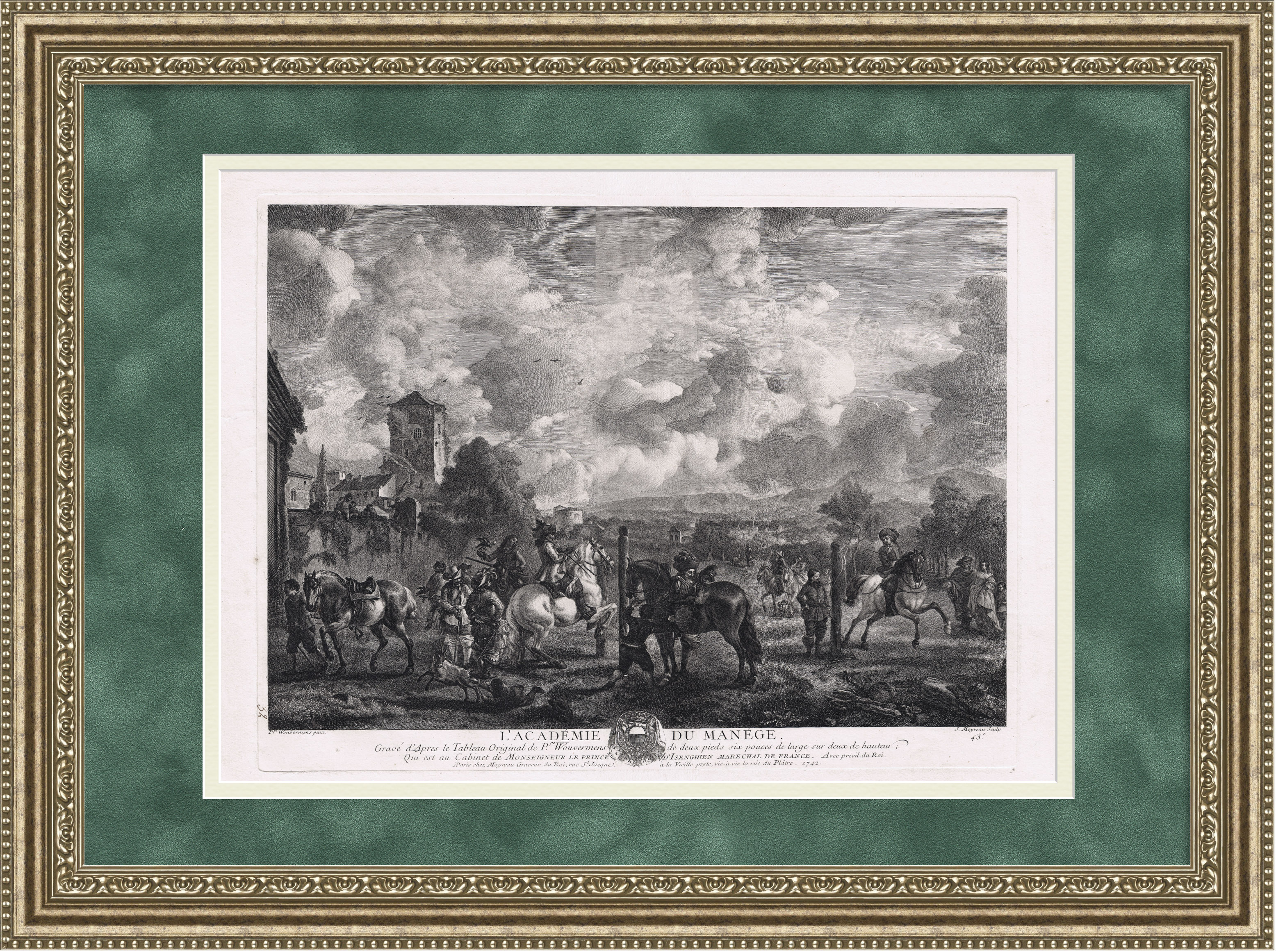 Академия верховой езды, гравюра на меди. Прижизненная работа Жана Муаро Академия верховой езды, гравюра на меди. Прижизненная работа Жана Муаро