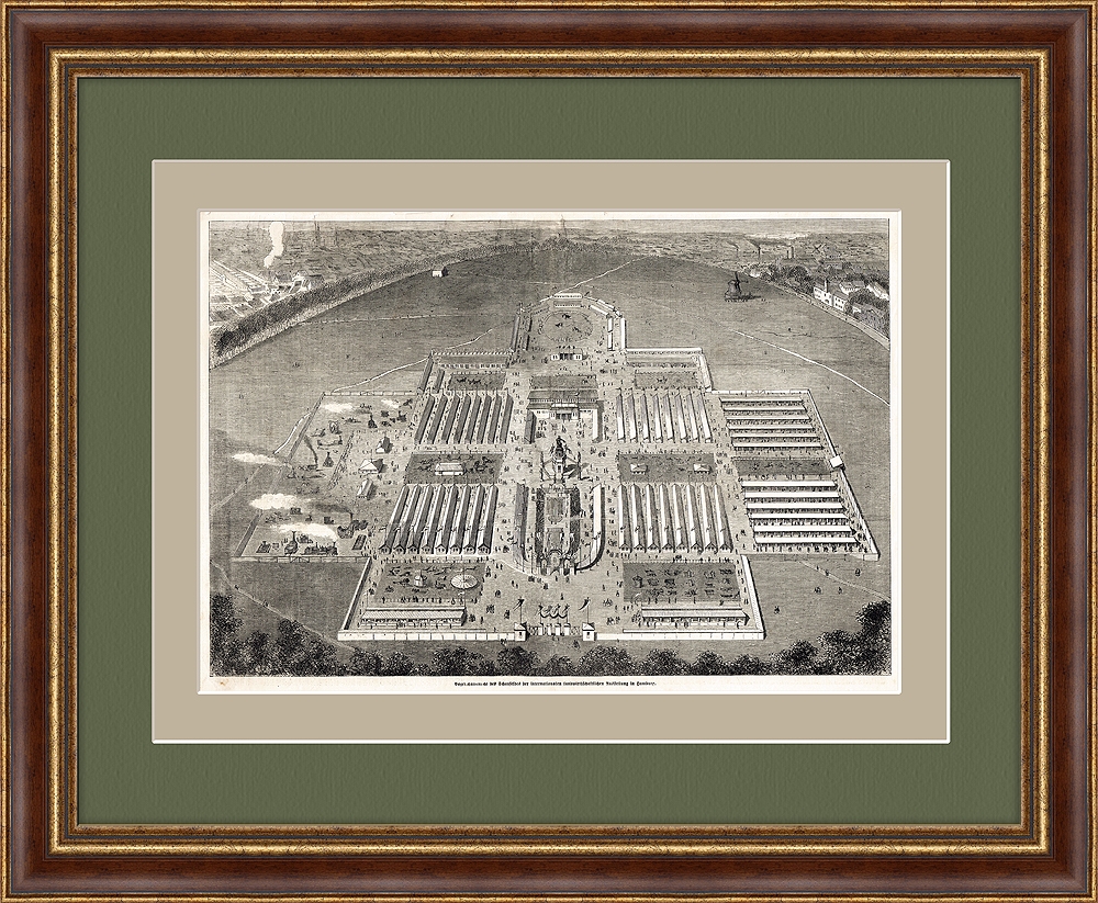 Международная сельскохозяйственная выставка в Гамбурге 1863 : панорама с птичьего полета. Антикварная гравюра Международная сельскохозяйственная выставка в Гамбурге 1863 : панорама с птичьего полета. Антикварная гравюра