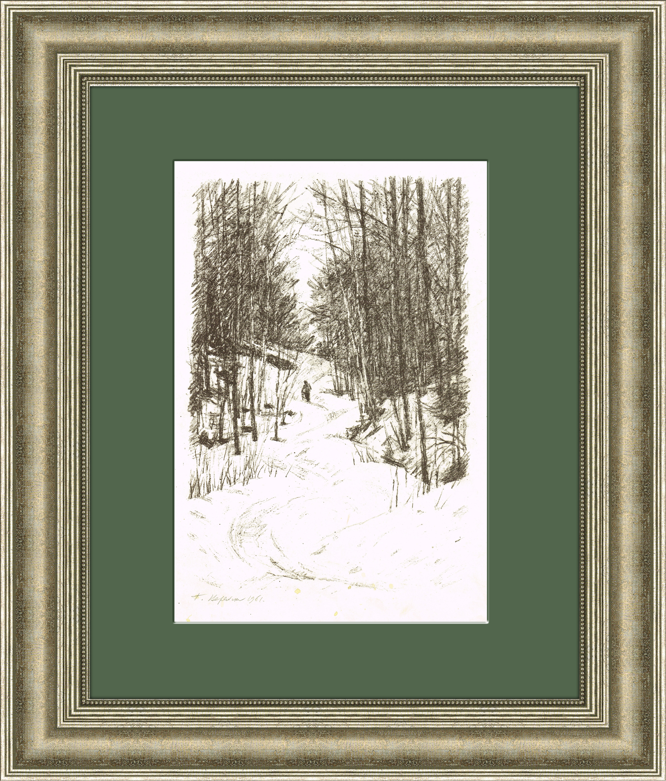 Зимний лесной пейзаж, авторская литография Верейского Г. С. Зимний лесной пейзаж, авторская литография Верейского Г. С.