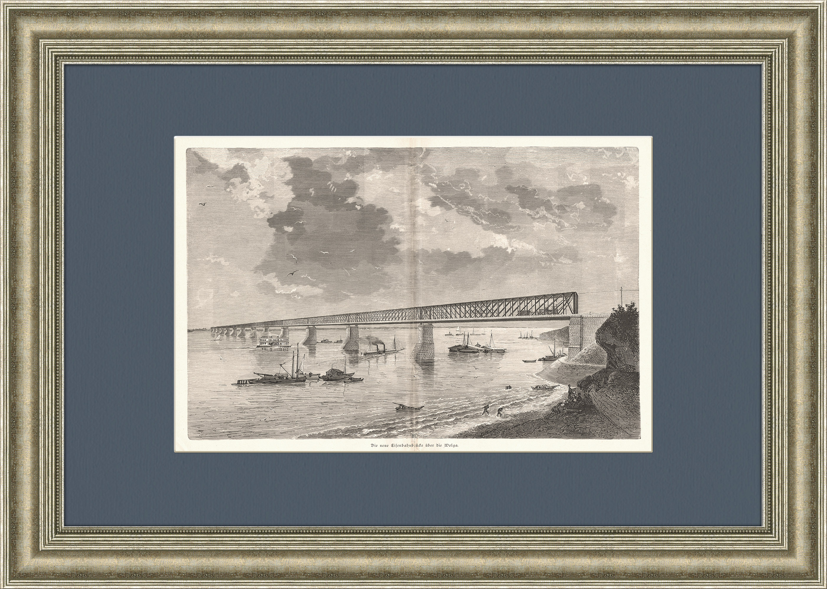 Железнодорожный мост через Волгу. Большая старинная гравюра Железнодорожный мост через Волгу. Большая старинная гравюра