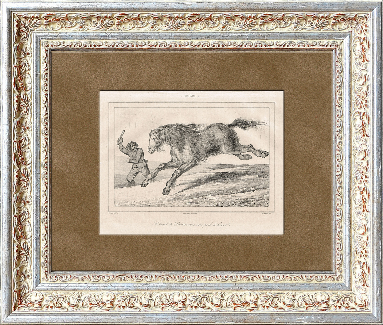 Русский мужик и сибирская лошадь. Старинная гравюра Русский мужик и сибирская лошадь. Старинная гравюра