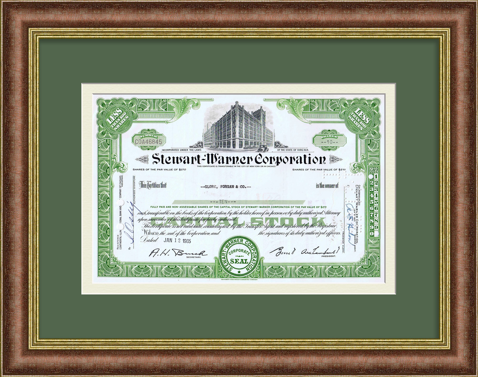 Сертификат на 10 акций компании Stewart Warner Corporation, 1965 года. Производство автозапчастей Сертификат на 10 акций компании Stewart Warner Corporation, 1965 года. Производство автозапчастей