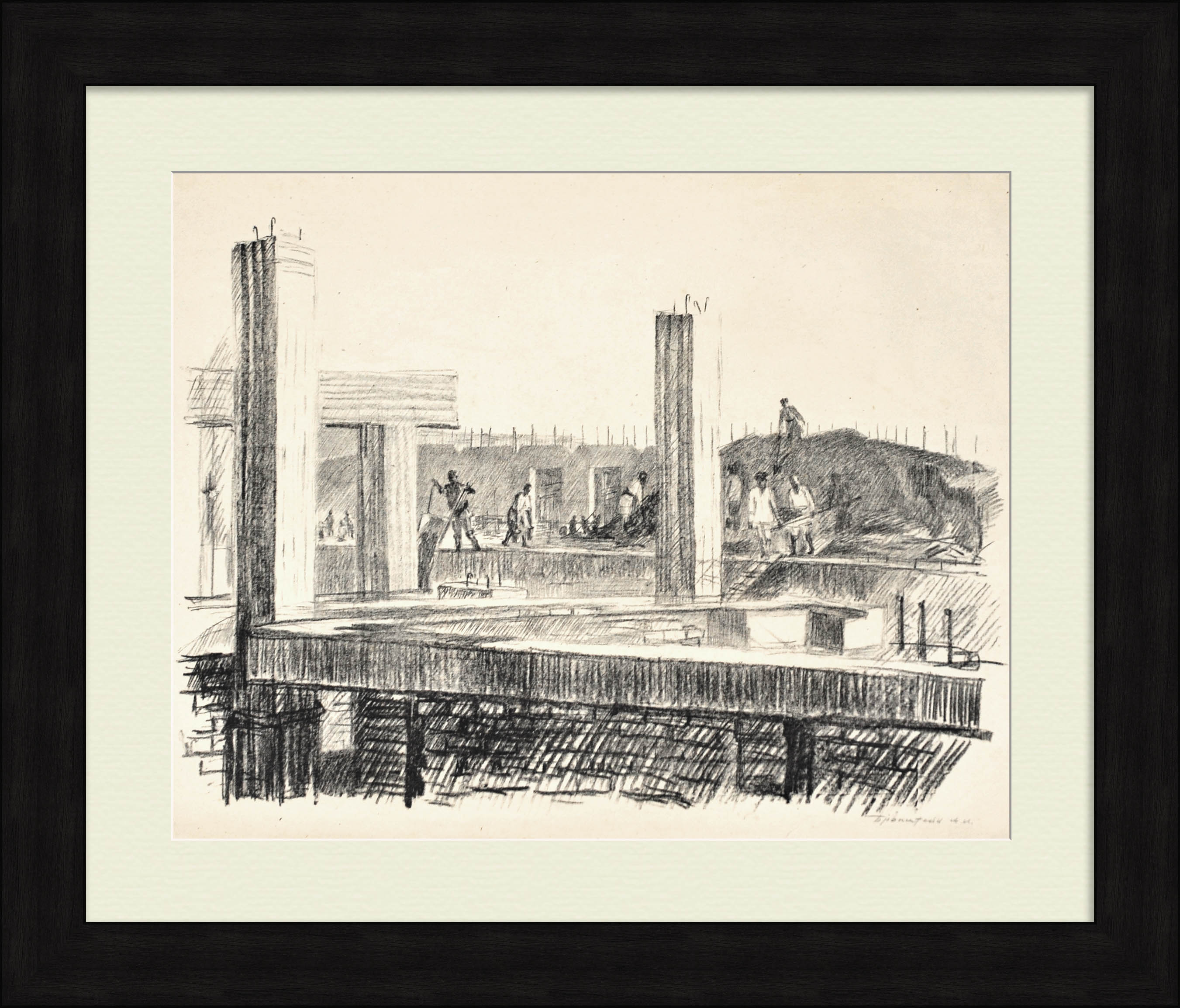 На строительстве. Узбекистан. Редкая гравюра 1943 года На строительстве. Узбекистан. Редкая гравюра 1943 года