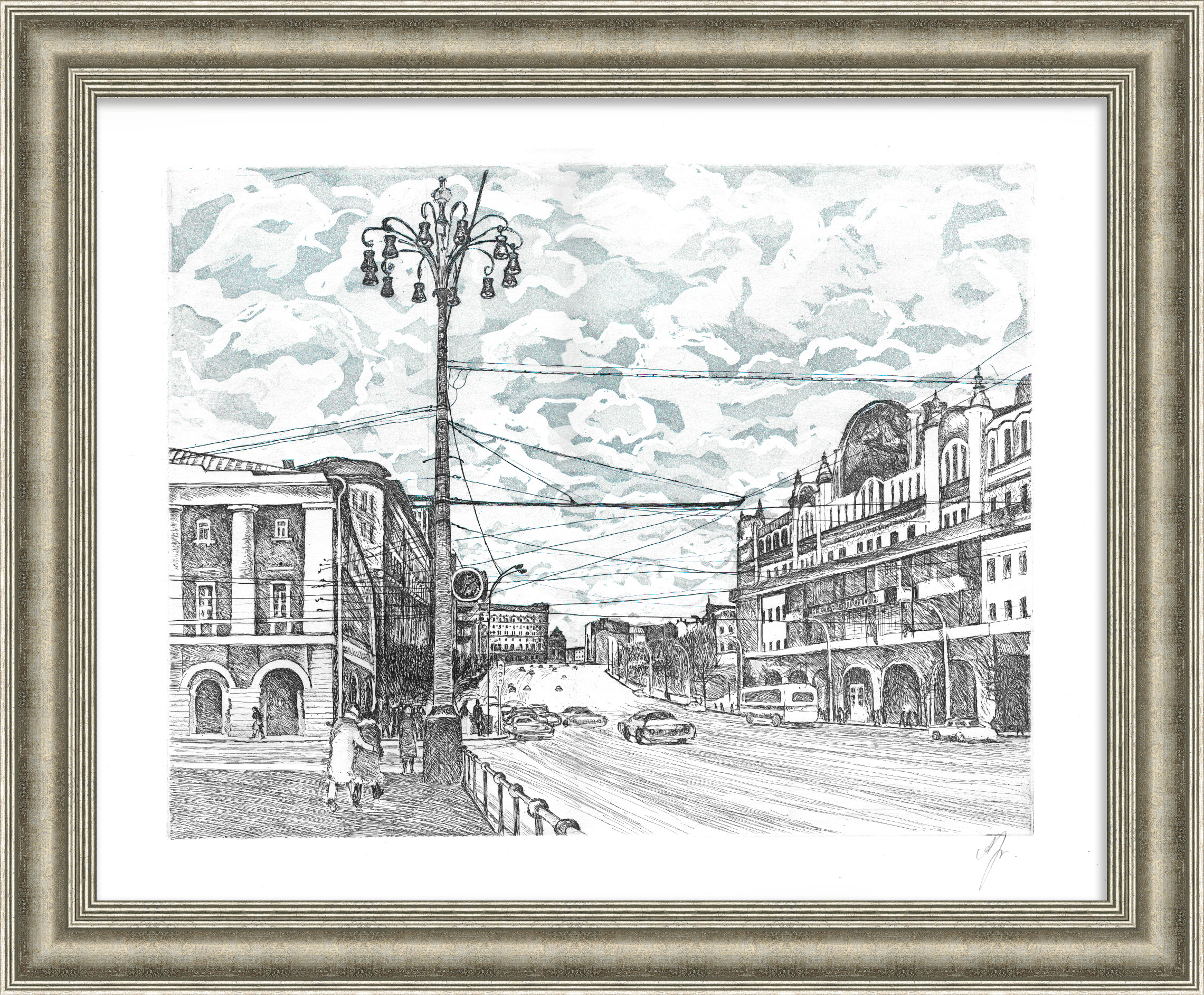 Театральный проезд, Москва. Авторская, винтажная гравюра Театральный проезд, Москва. Авторская, винтажная гравюра