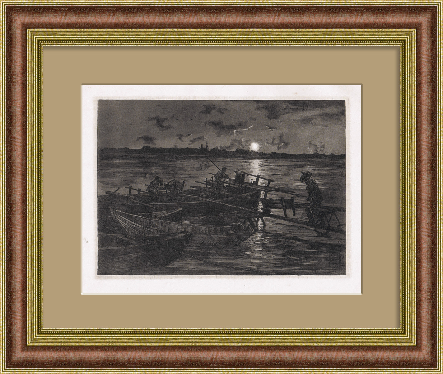 Поздняя работа на причале. Антикварная авторская гравюра Фалилеева, 1923 г. Поздняя работа на причале. Антикварная авторская гравюра Фалилеева, 1923 г.