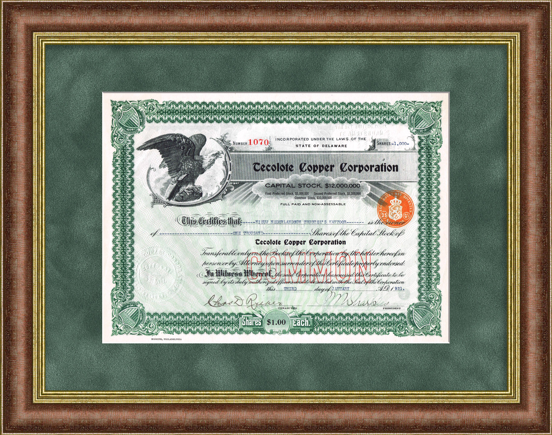 Сертификат на 1000 акций компании Tecolote Copper Corporation 1921 года. Добыча медной руды Сертификат на 1000 акций компании Tecolote Copper Corporation 1921 года. Добыча медной руды