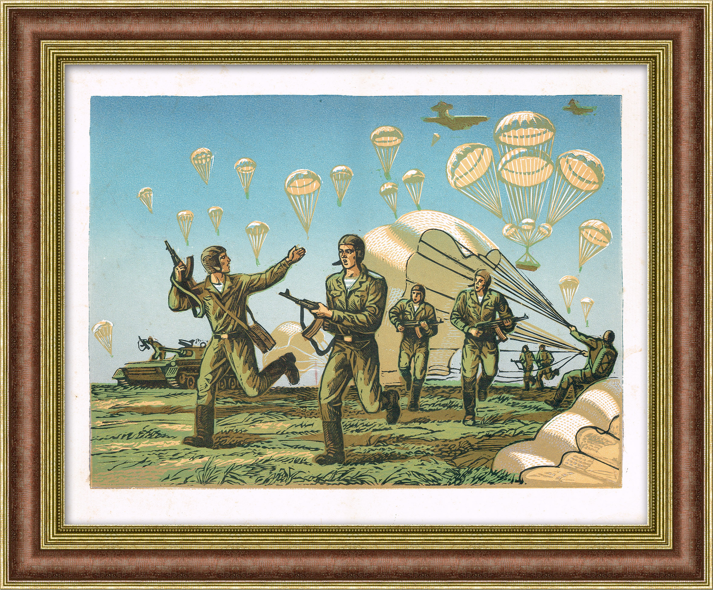 Воздушный десант. Советская линогравюра Воздушный десант. Советская линогравюра