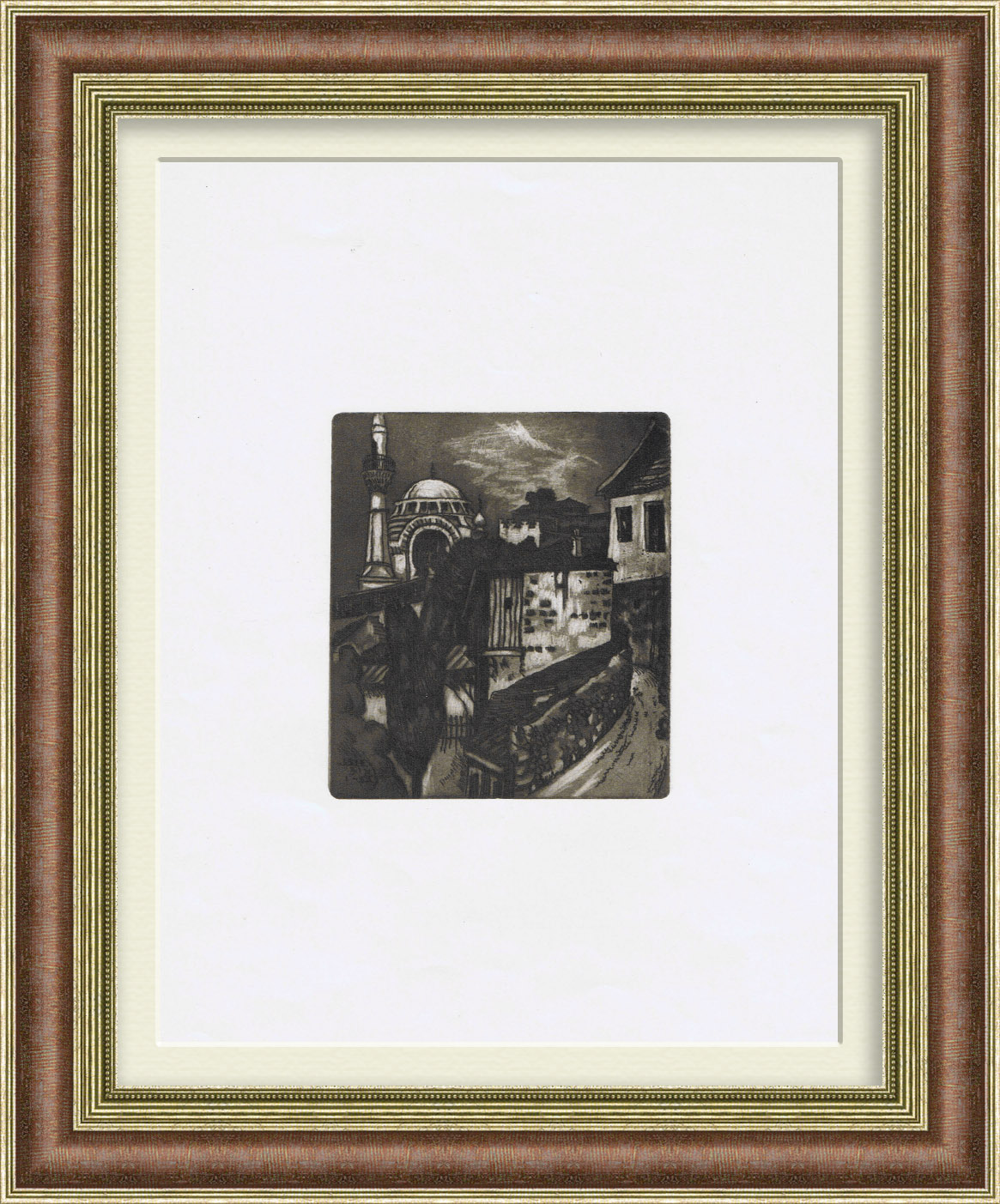 Улица в Гурзуфе с видом на мечеть, Крымская сюита. Гравюра в раме Улица в Гурзуфе с видом на мечеть, Крымская сюита. Гравюра в раме