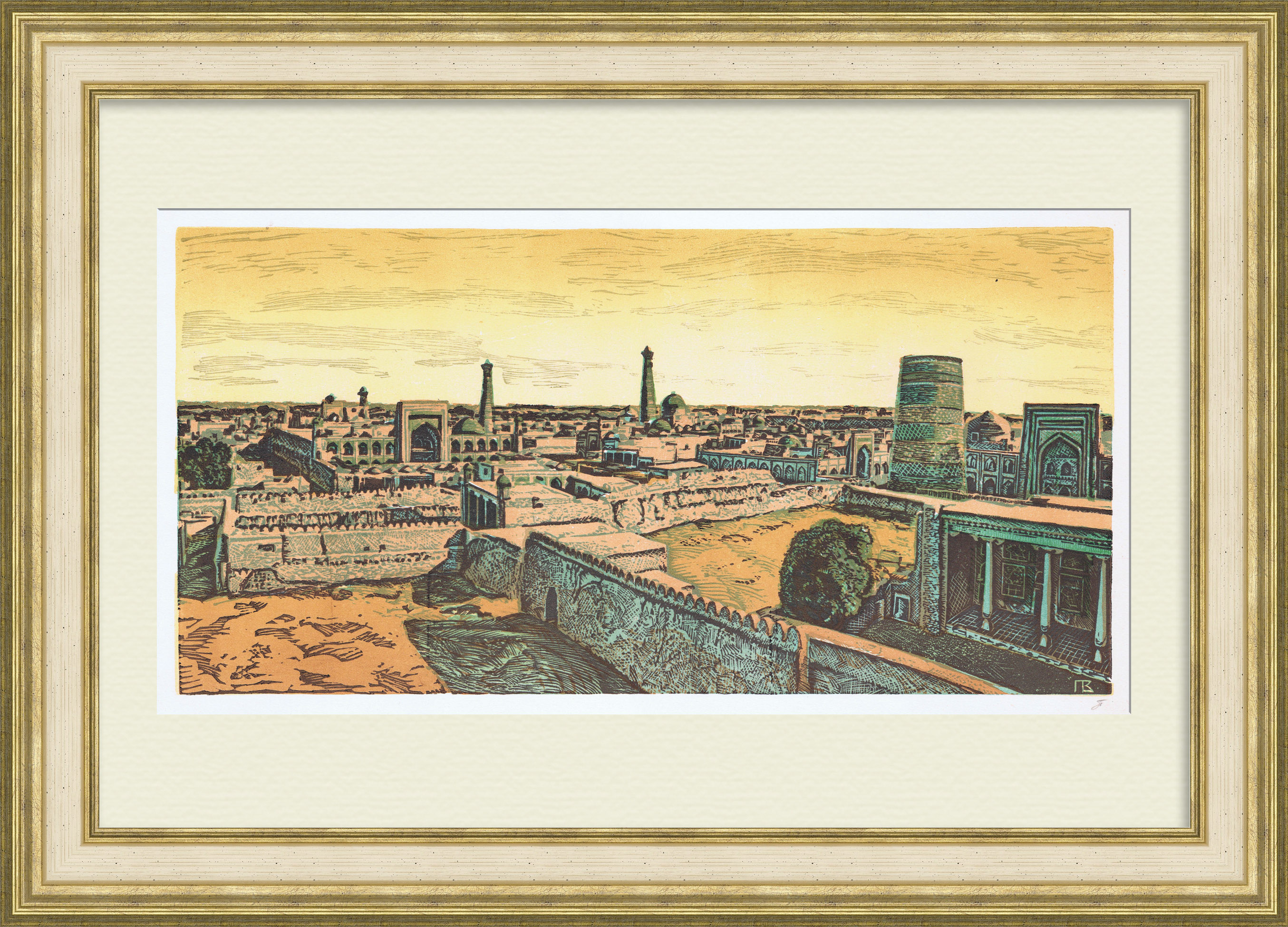 Узбекистан, вид на город Хива. Авторская линогравюра с подписью Узбекистан, вид на город Хива. Авторская линогравюра с подписью