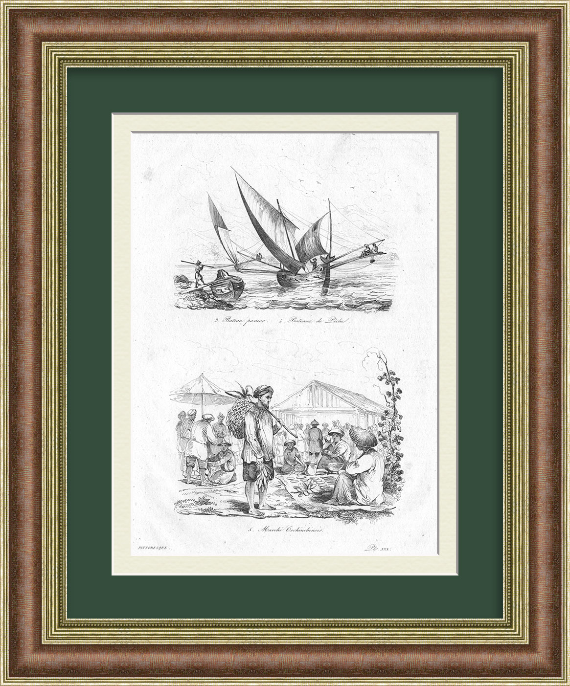 Рыболовный промысел Вьетнама. Старинная гравюра 19 века Рыболовный промысел Вьетнама. Старинная гравюра 19 века