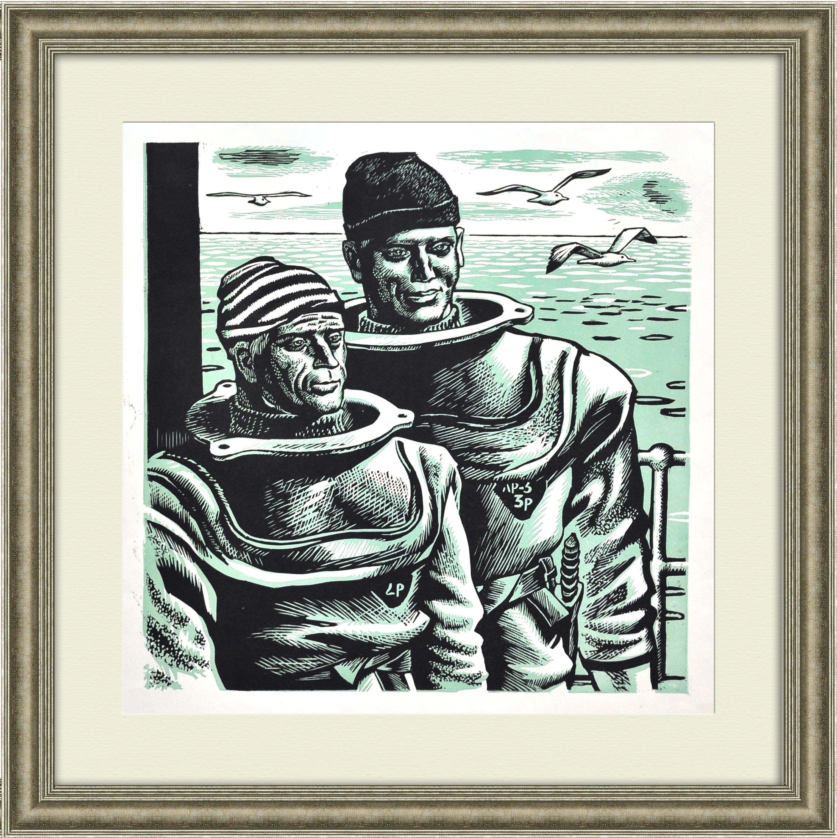 Советские водолазы, большая авторская линогравюра Советские водолазы, большая авторская линогравюра