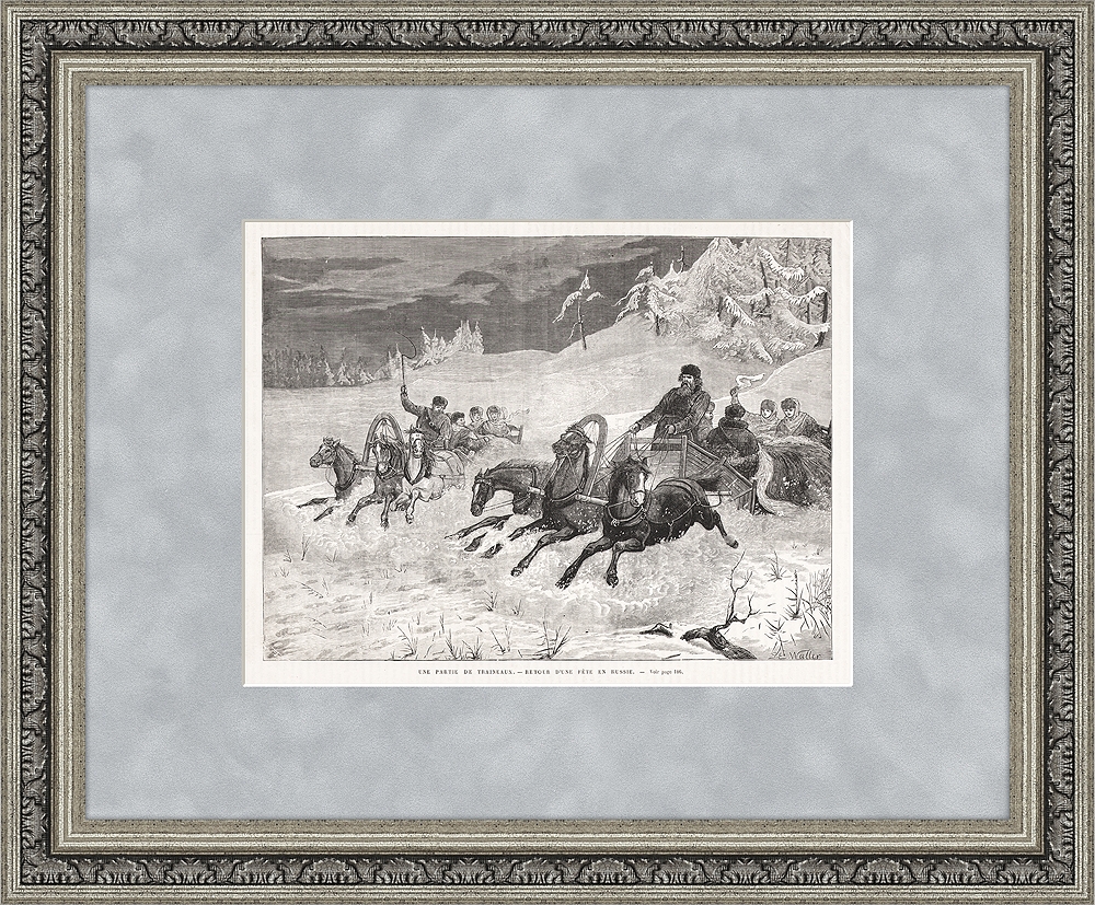 Катание на санях, запряженных русской тройкой. Старинная литография Катание на санях, запряженных русской тройкой. Старинная литография