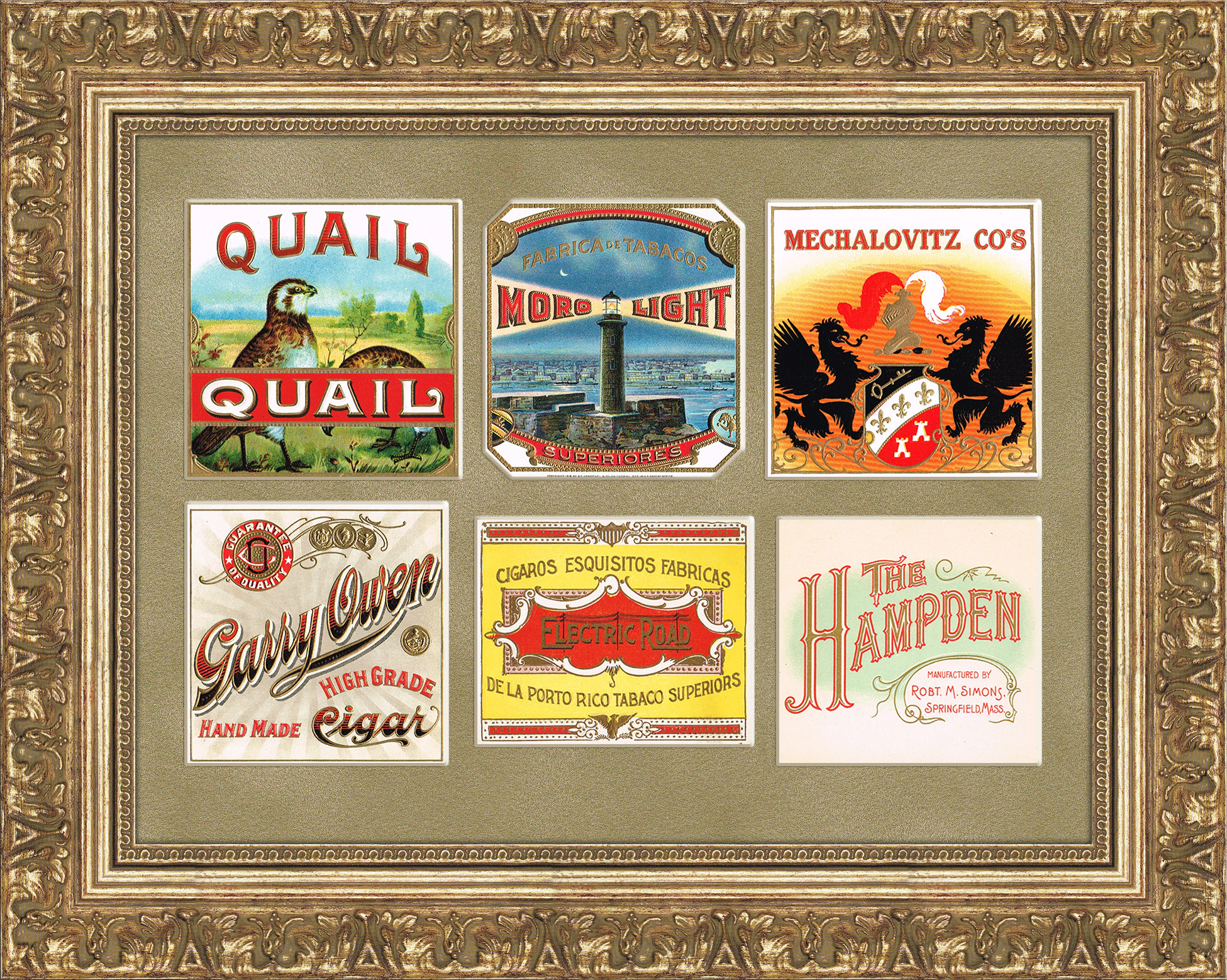Винтажные этикетки-вкладыши американских сигар, панно в раме Винтажные этикетки-вкладыши американских сигар, панно в раме