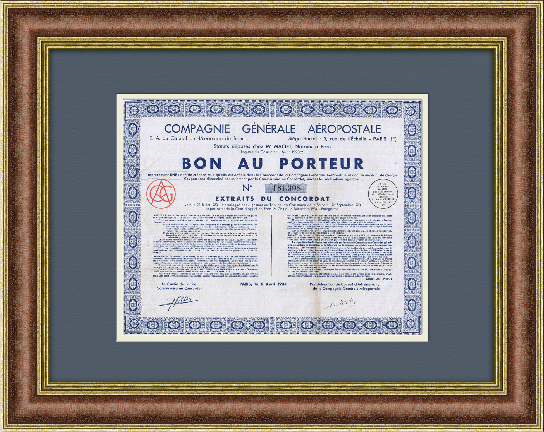 Облигация авиационной компании Compagnie Générale Aéropostale, слияние с Air France Облигация авиационной компании Compagnie Générale Aéropostale, слияние с Air France