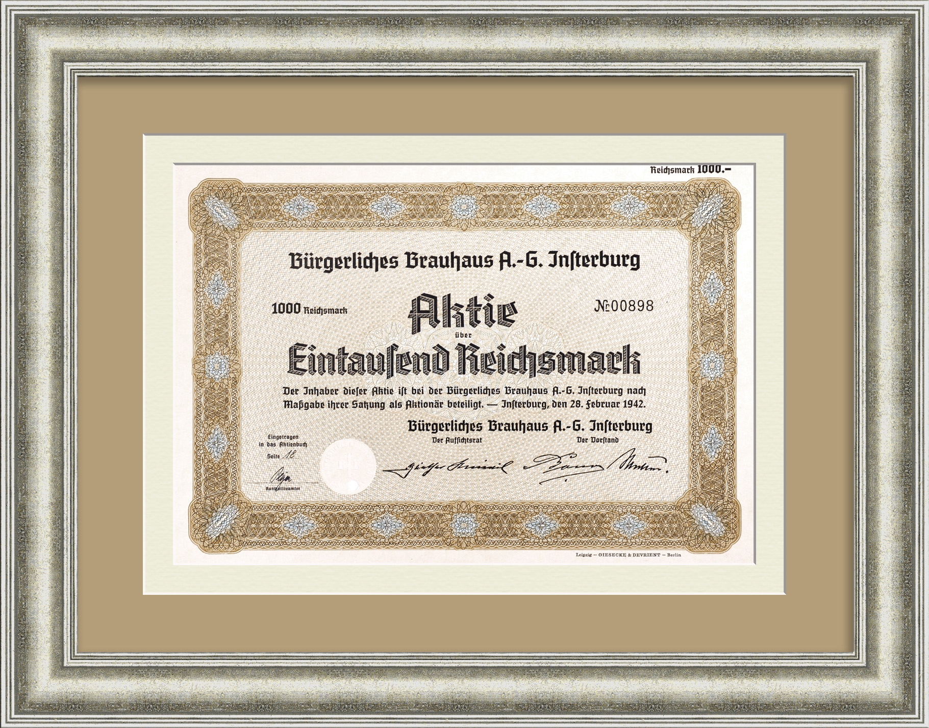 Городская пивоварня Инстербурга. Акция на 1000 рейхсмарок 1942 года Городская пивоварня Инстербурга. Акция на 1000 рейхсмарок 1942 года