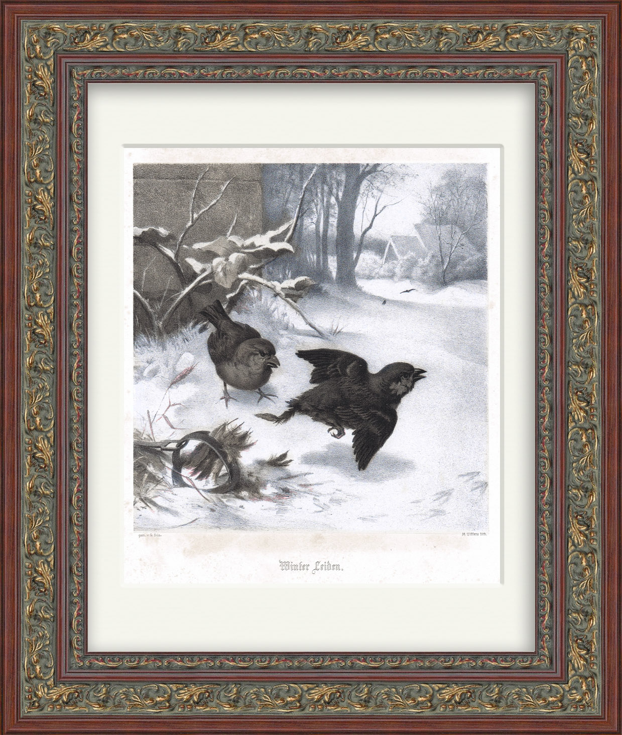 Зима, спасение воробья. Антикварная литография в раме Зима, спасение воробья. Антикварная литография в раме