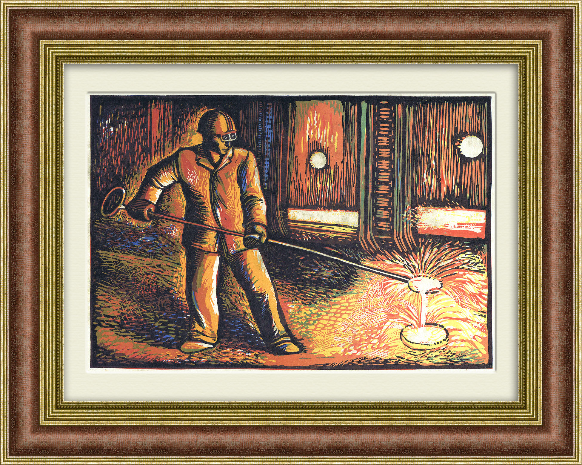 Сталевар. Линогравюра в раме, СССР Сталевар. Линогравюра в раме, СССР