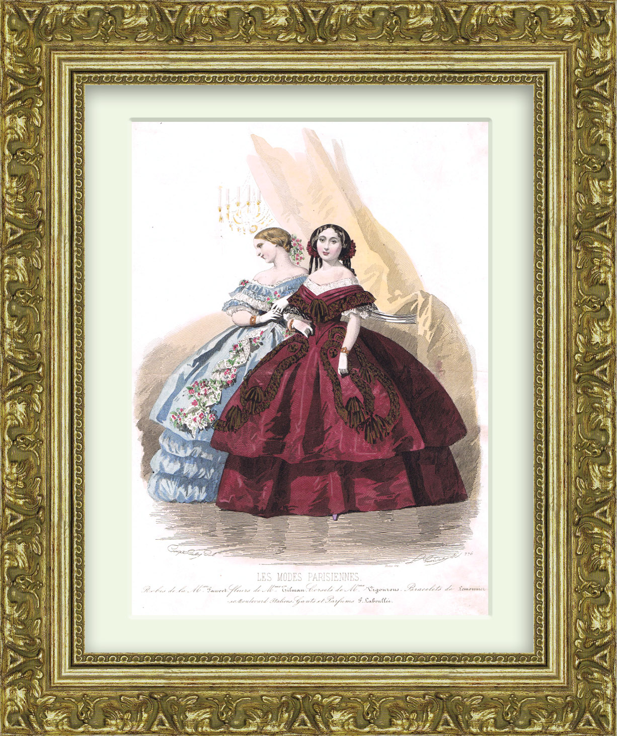 Антикварная гравюра с ручной акварельной раскраской "Мода Парижа" Антикварная гравюра с ручной акварельной раскраской "Мода Парижа"