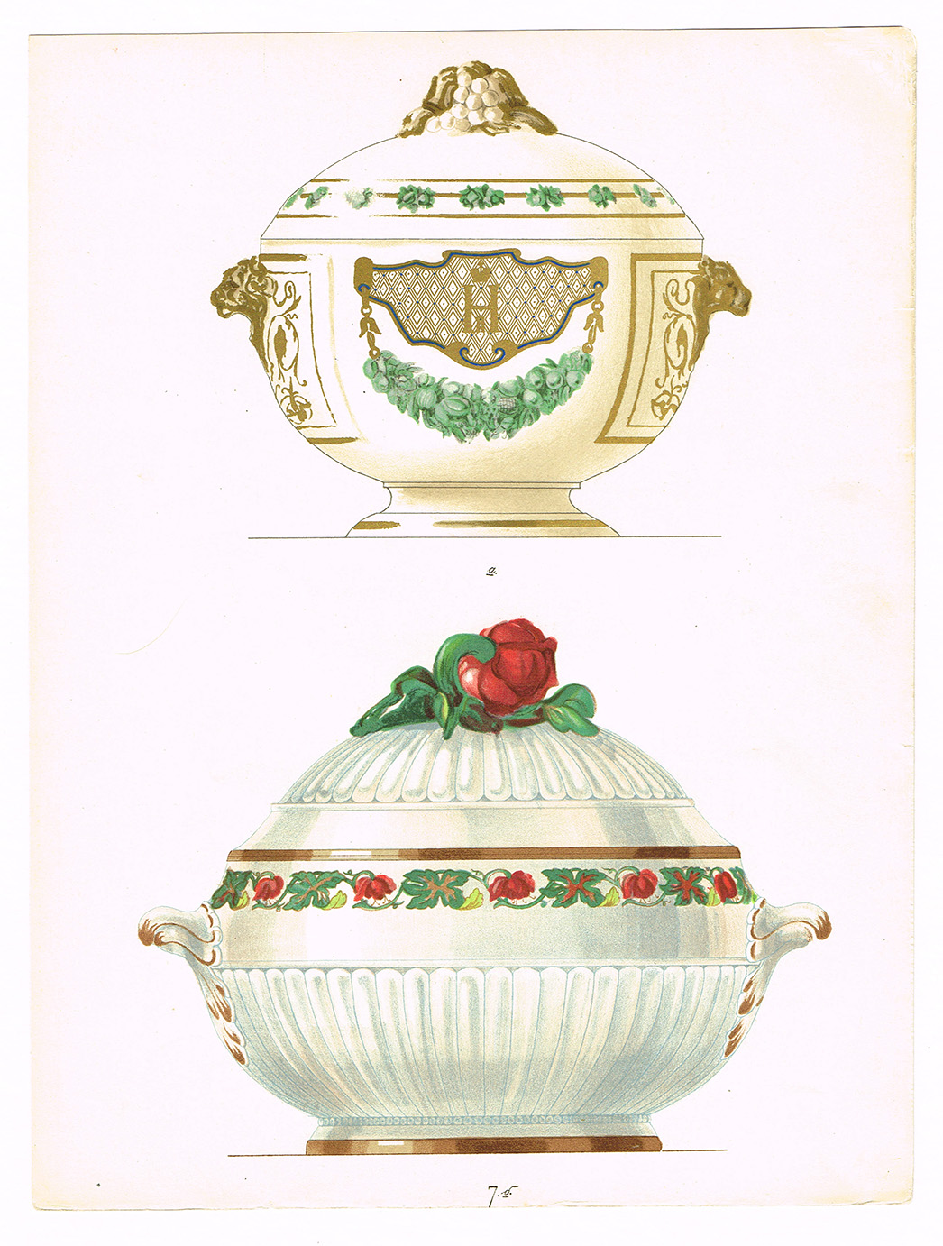 Фарфоровые супницы, старинная хромолитография Фарфоровые супницы, старинная хромолитография