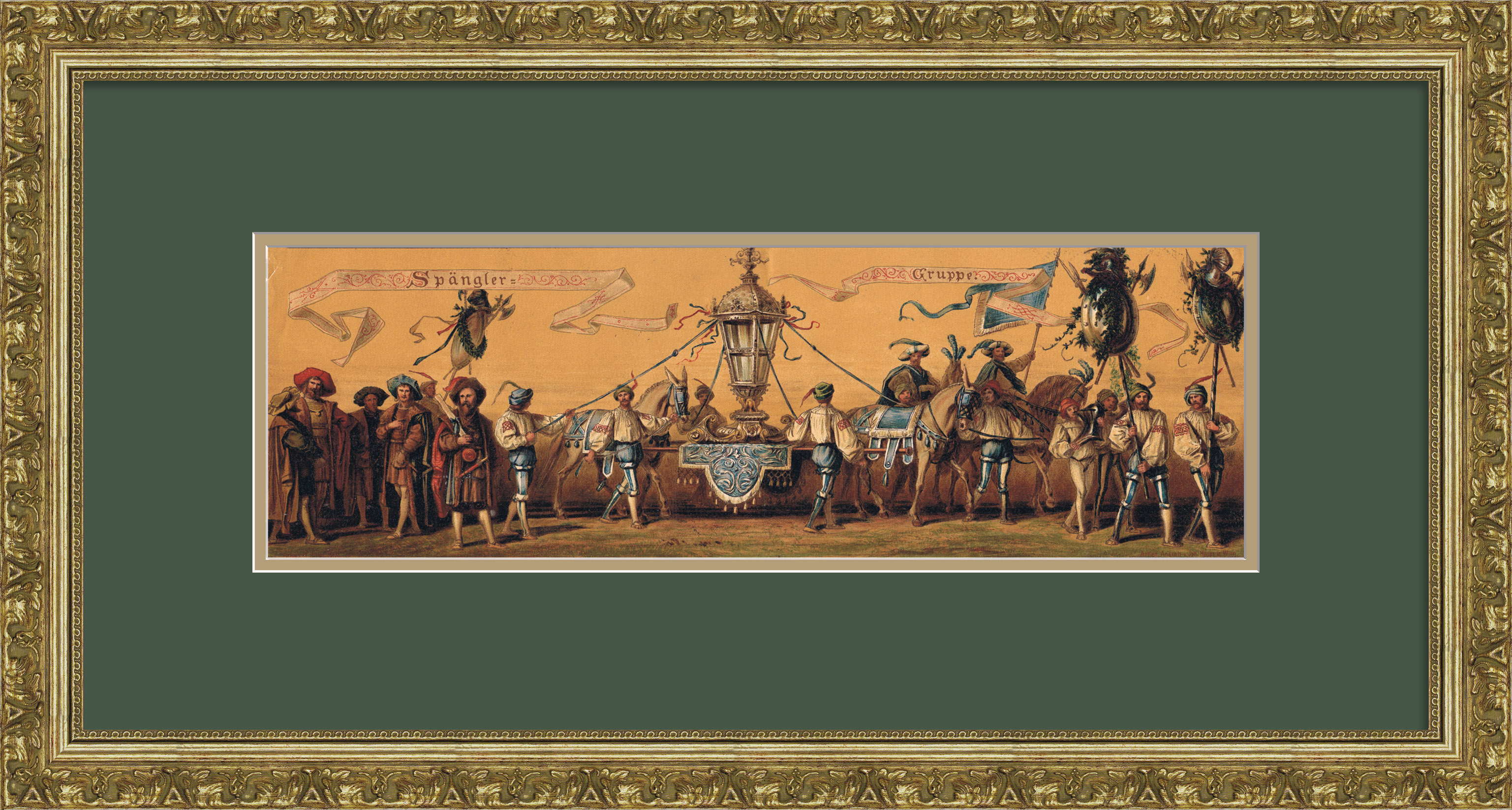Жестянщики на торжественном шествии, антикварная хромолитография в раме Жестянщики на торжественном шествии, антикварная хромолитография в раме