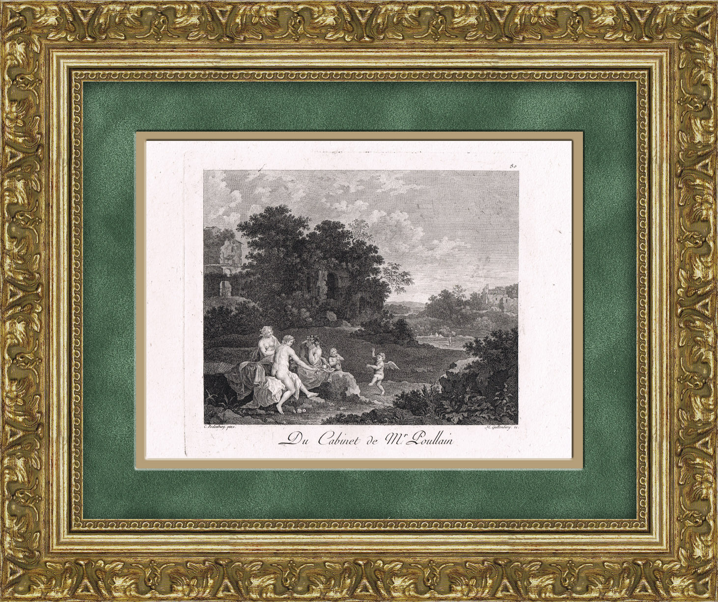 Пейзаж с нимфами и амурами. Старинная гравюра по картине К. Поеленбурга Пейзаж с нимфами и амурами. Старинная гравюра по картине К. Поеленбурга