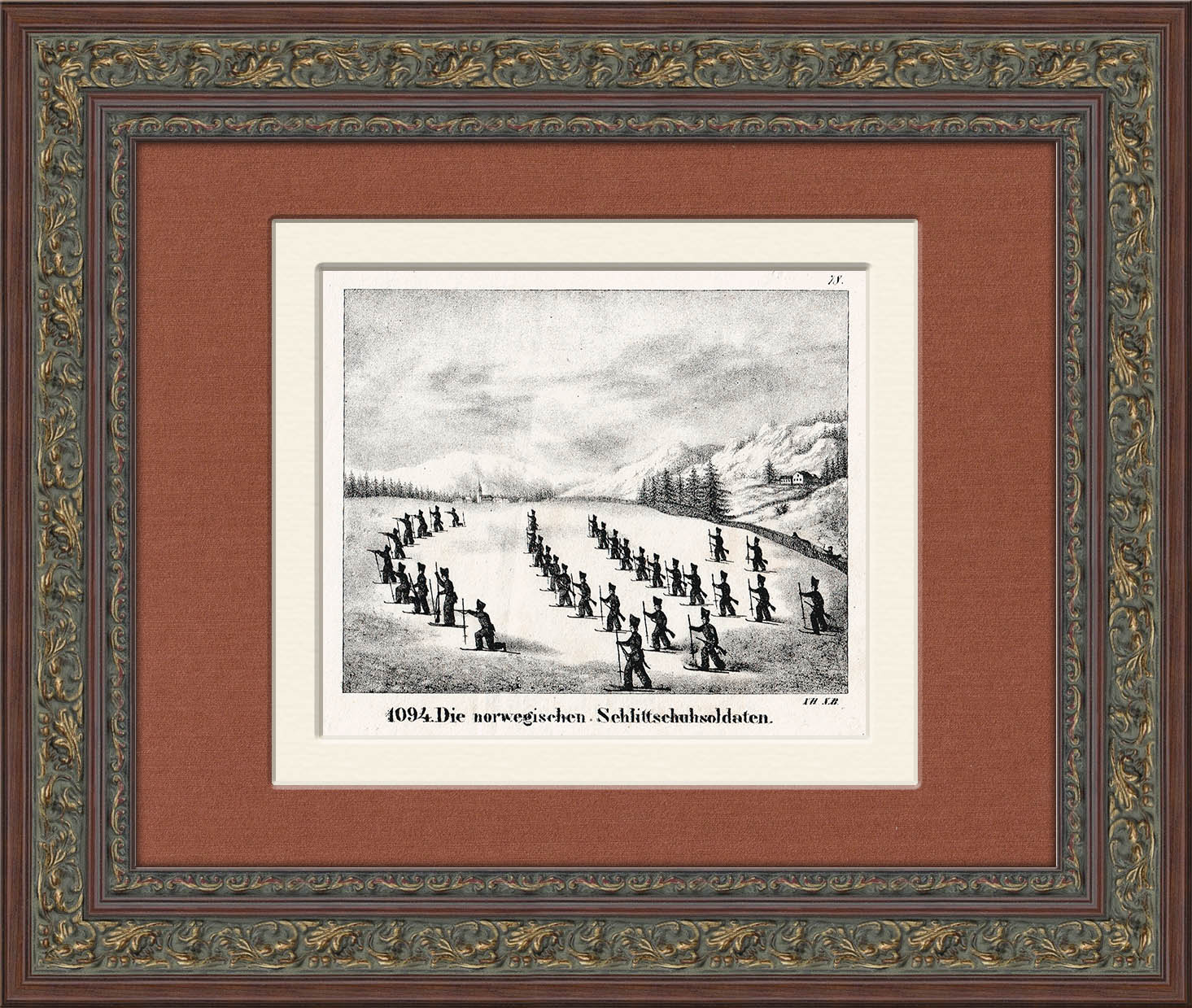 Зимние учения у норвежских солдат (биатлон). Литография 19 века Зимние учения у норвежских солдат (биатлон). Литография 19 века