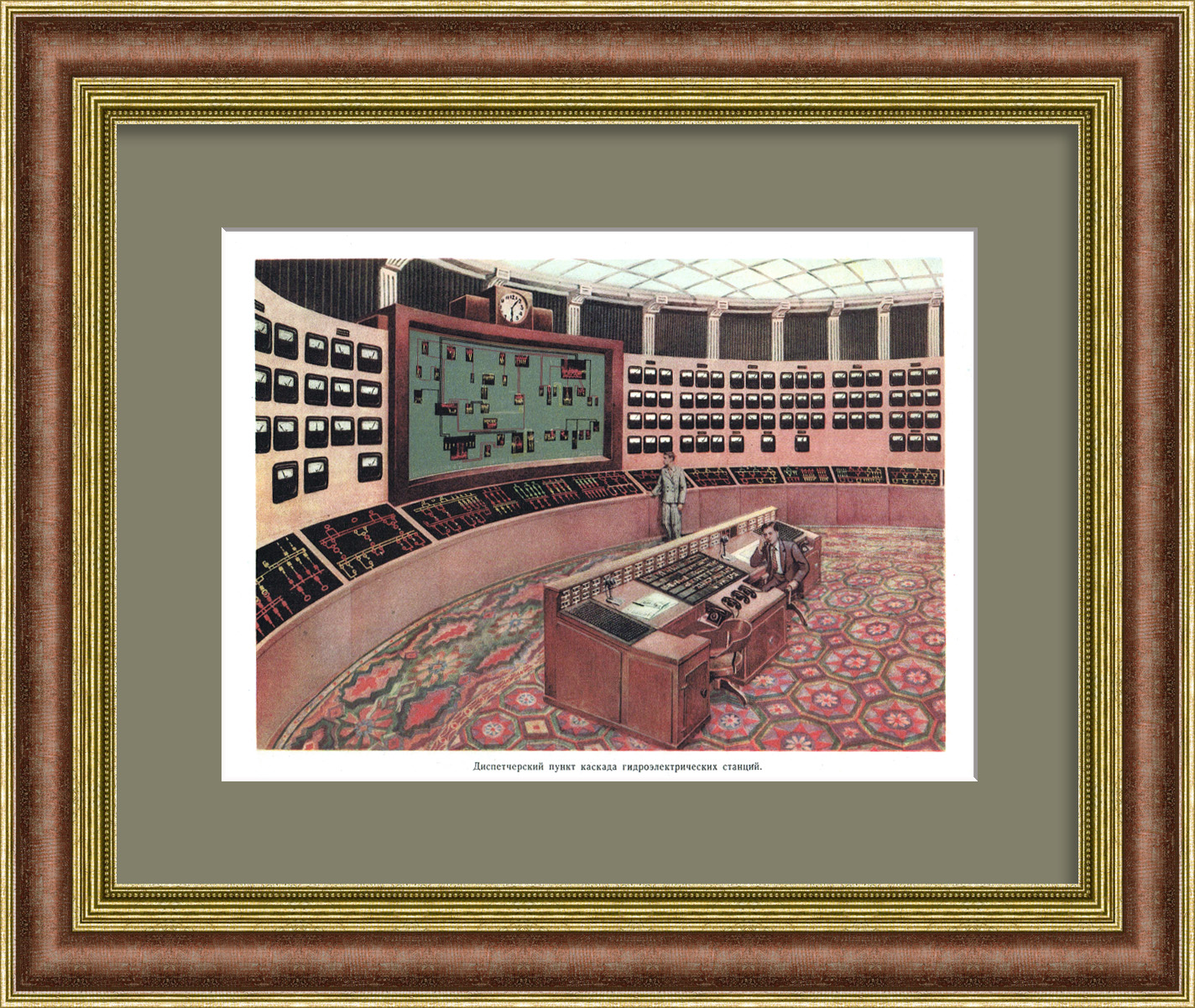 Диспетчерский пункт каскада гидроэлектрических станций. Советская печатная графика Диспетчерский пункт каскада гидроэлектрических станций. Советская печатная графика