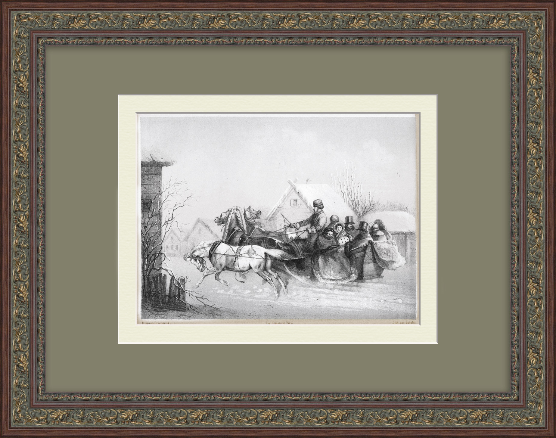 Зимняя тройка. Старинная литография 19 века Зимняя тройка. Старинная литография 19 века